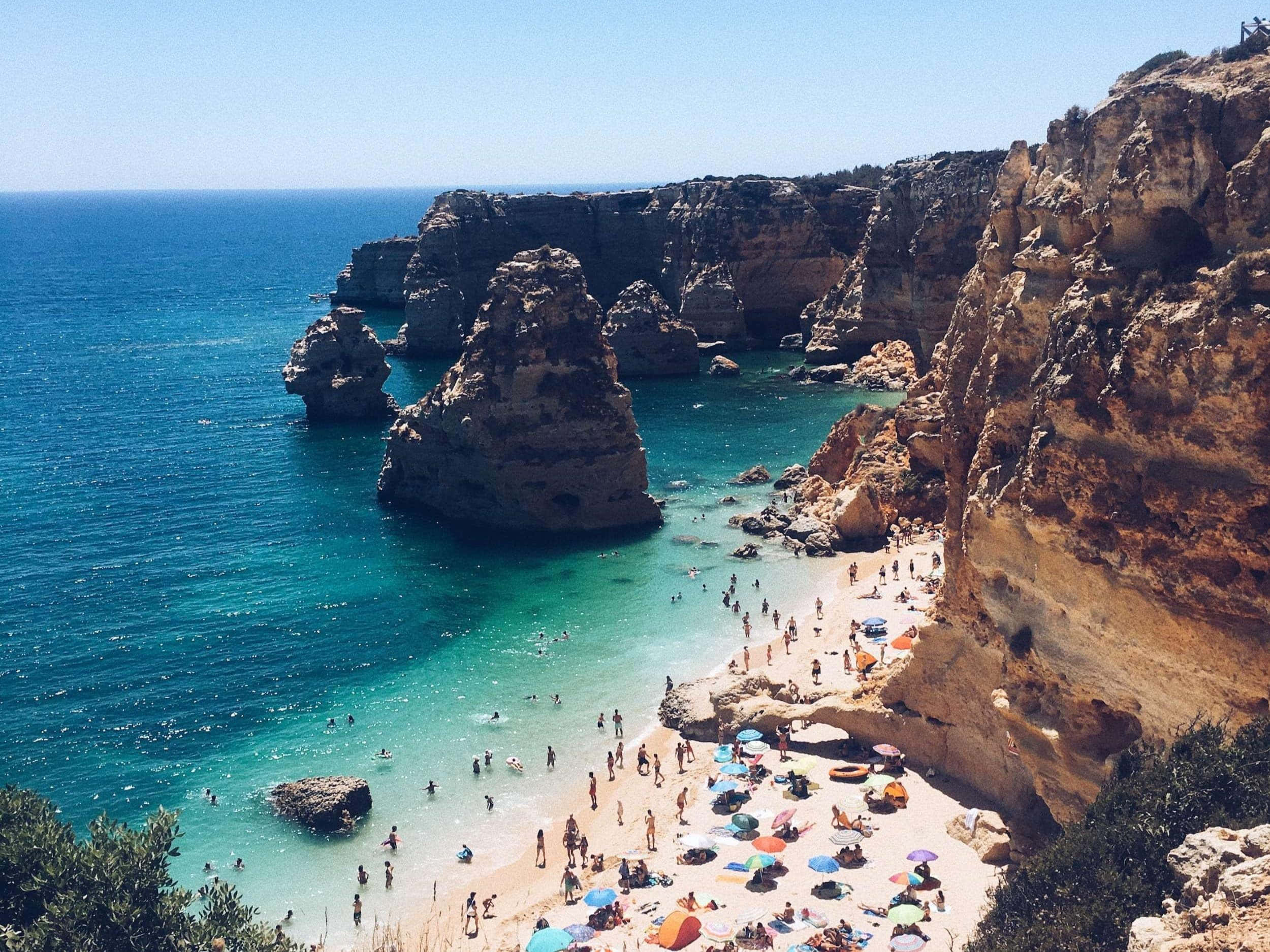 Portuguese Beach, golden cliffs, turquoise waters, Full HD Desktop Wallpaper