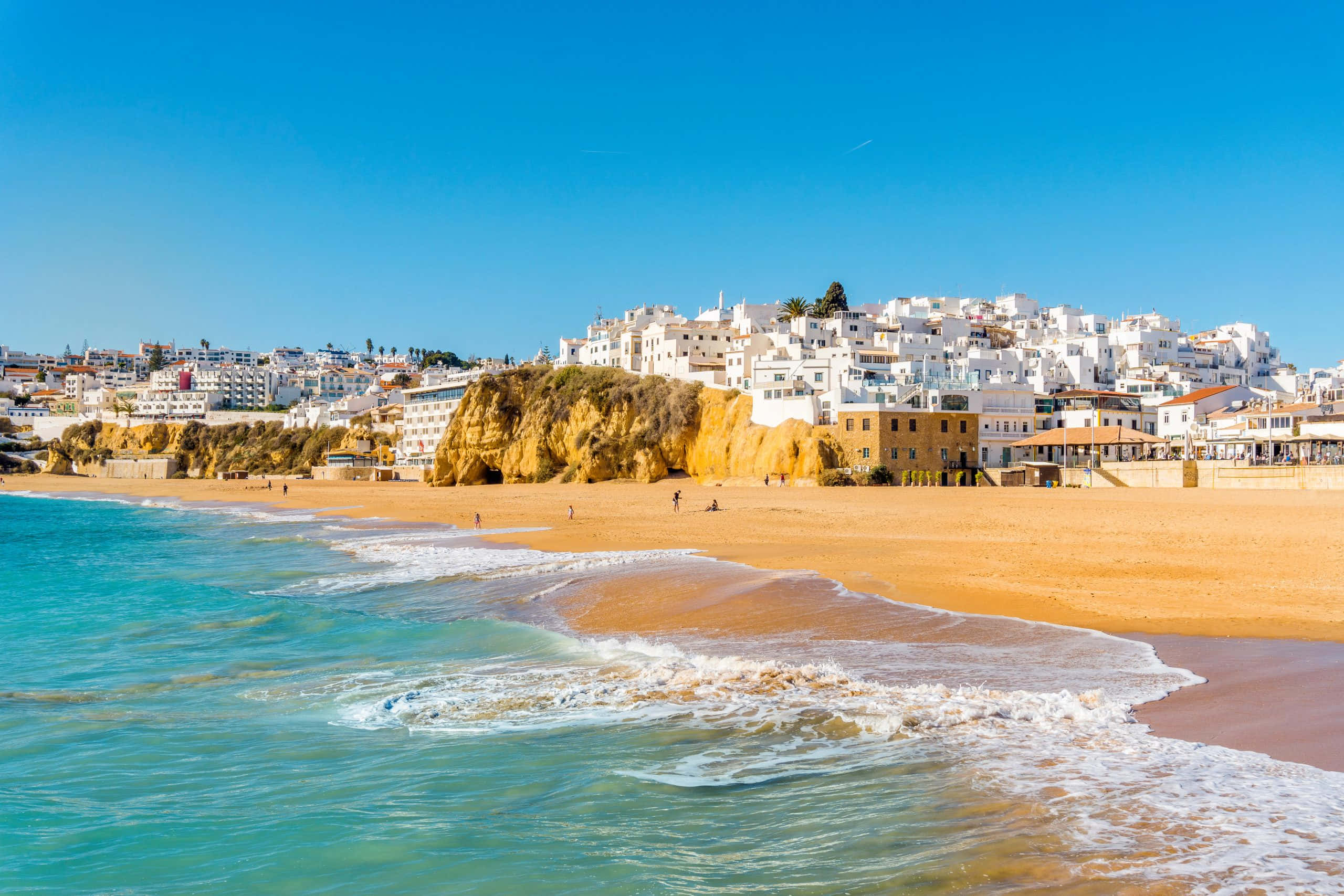 Portuguese Beach, turquoise waves, golden sand, 2K Desktop Wallpaper