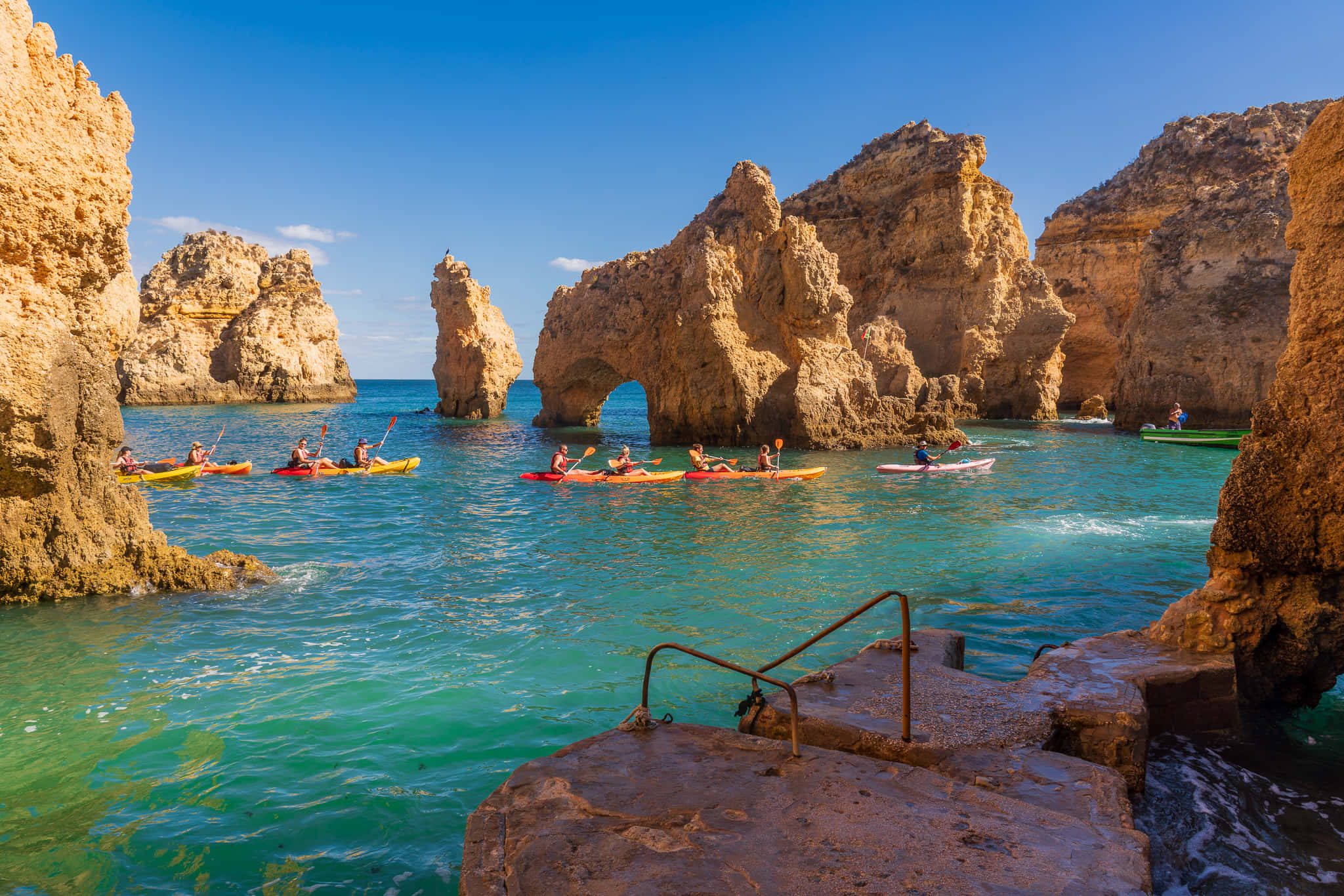 Portuguese Beach, turquoise waters, towering golden rock formations, Full HD Desktop Wallpaper