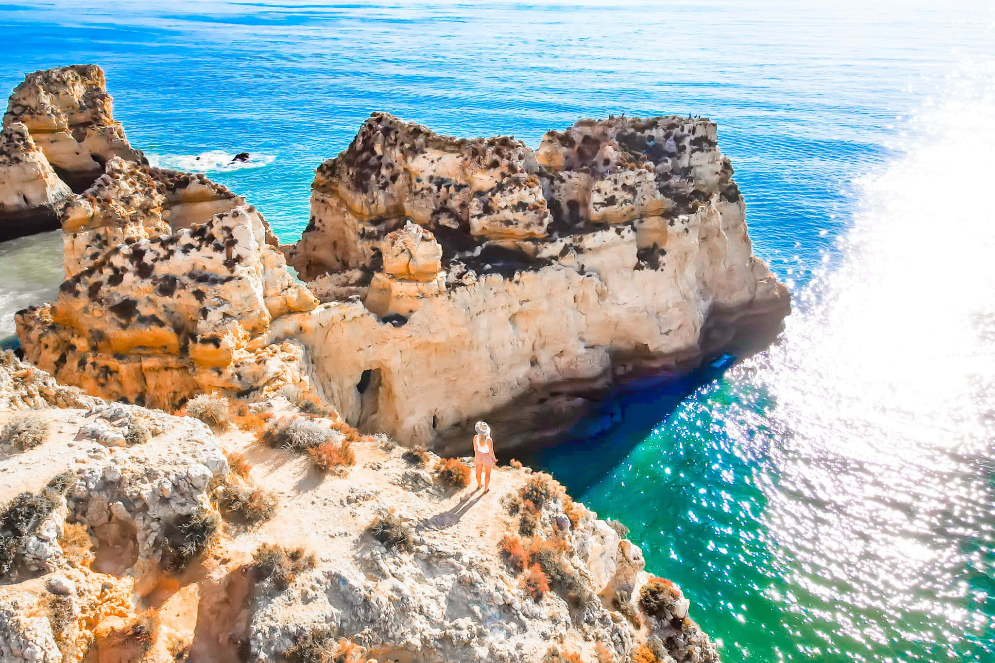 Portuguese Beach, sunlit cliffs, turquoise waters, Full HD Desktop Wallpaper