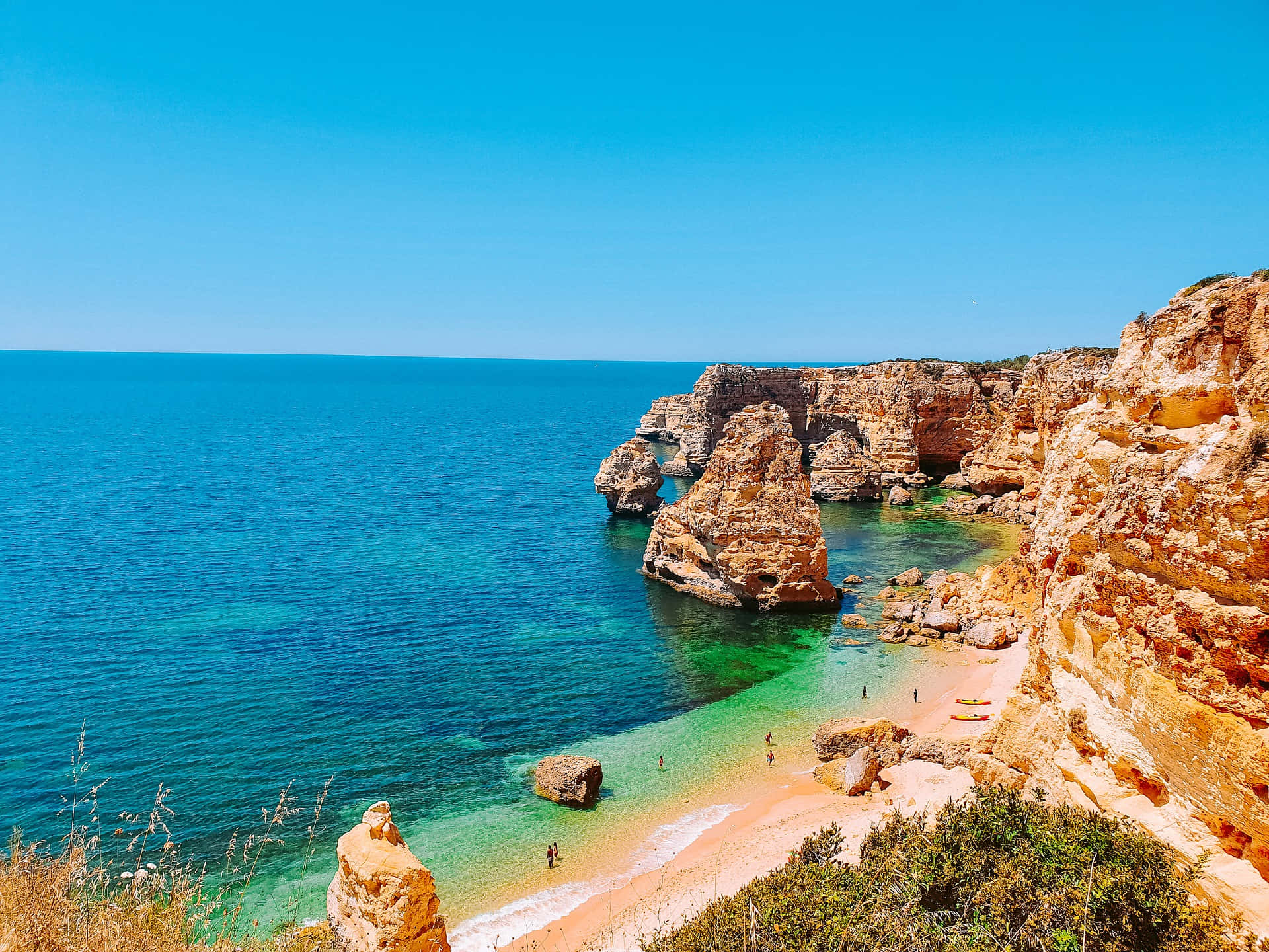 Portuguese Beach, turquoise waters, golden cliffs, Full HD Desktop Wallpaper