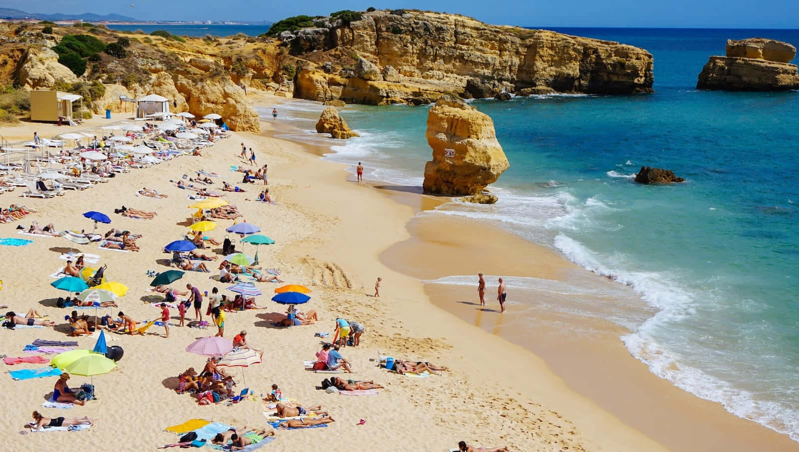 Portuguese Beach, turquoise waters, golden cliffs, HD Desktop Wallpaper
