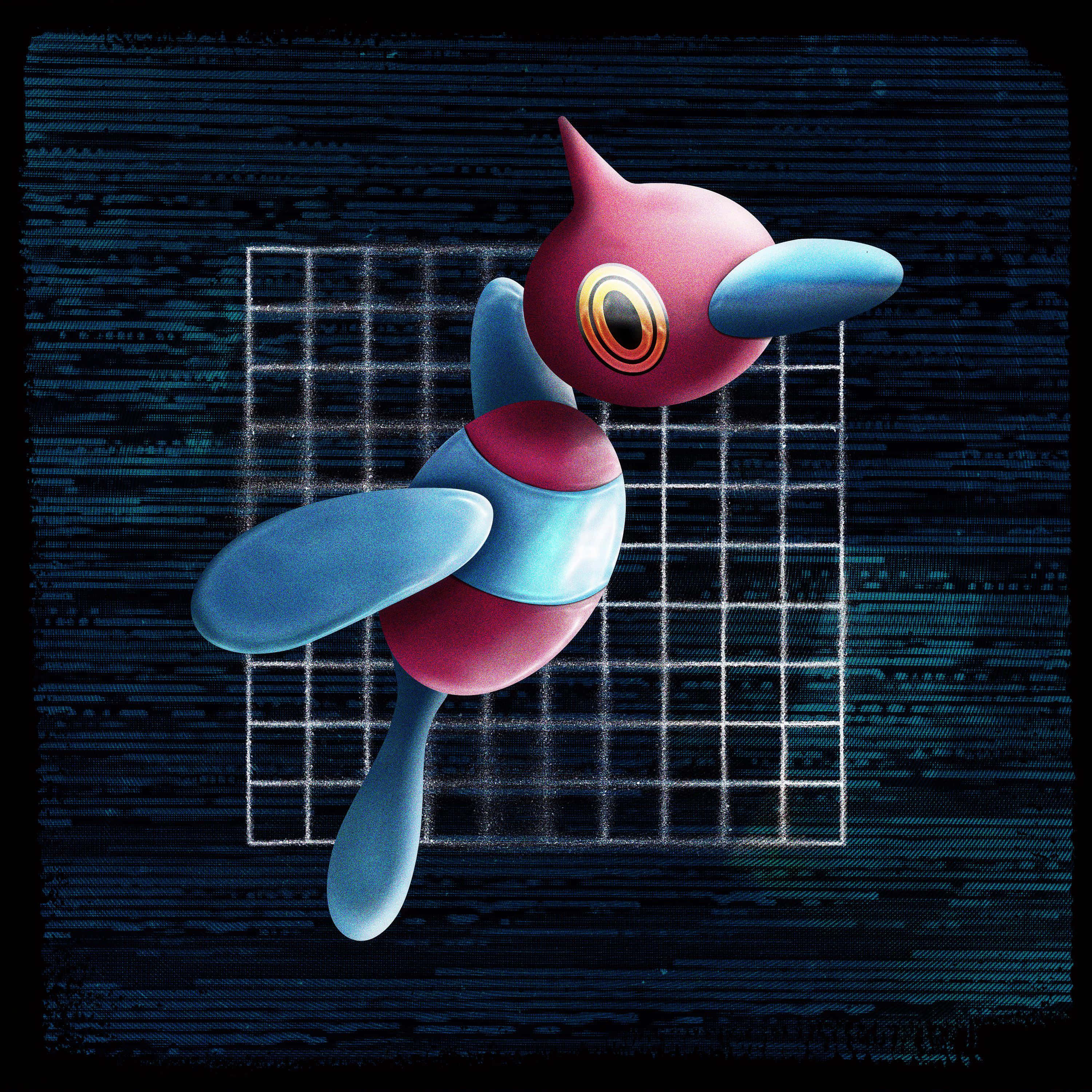 Porygon Z, pink and blue, glowing eye, 2K Desktop Wallpaper