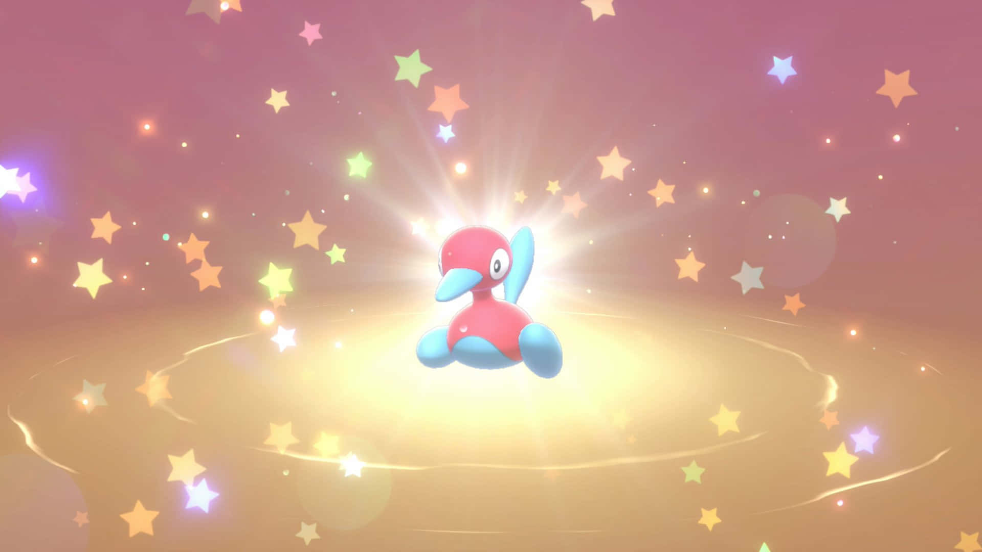 Porygon2, glowing red and blue, radiant golden aura, Full HD Desktop Wallpaper