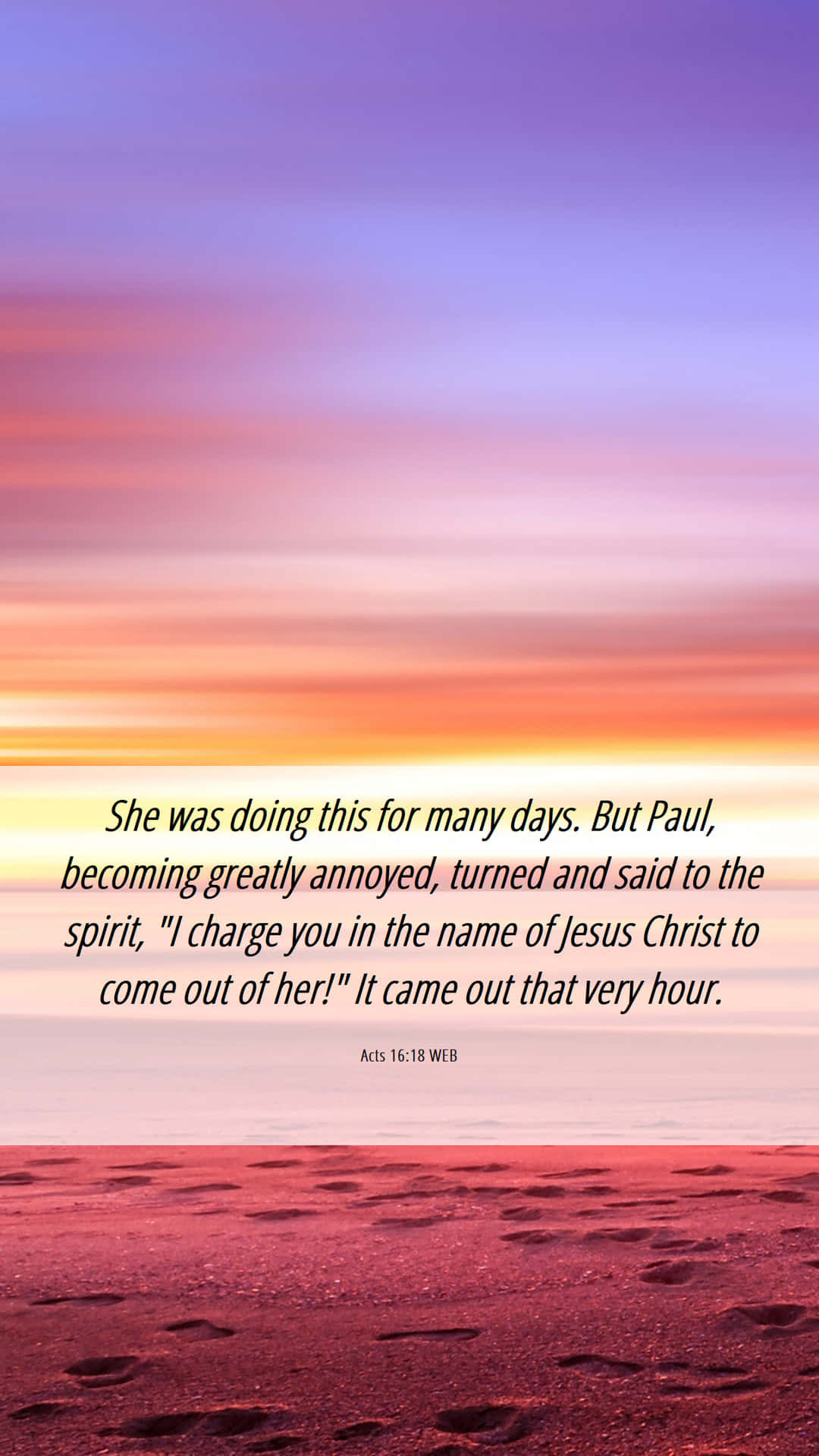 Acts 16:18 WEB, serene beach, sunset, Full HD Phone Wallpaper