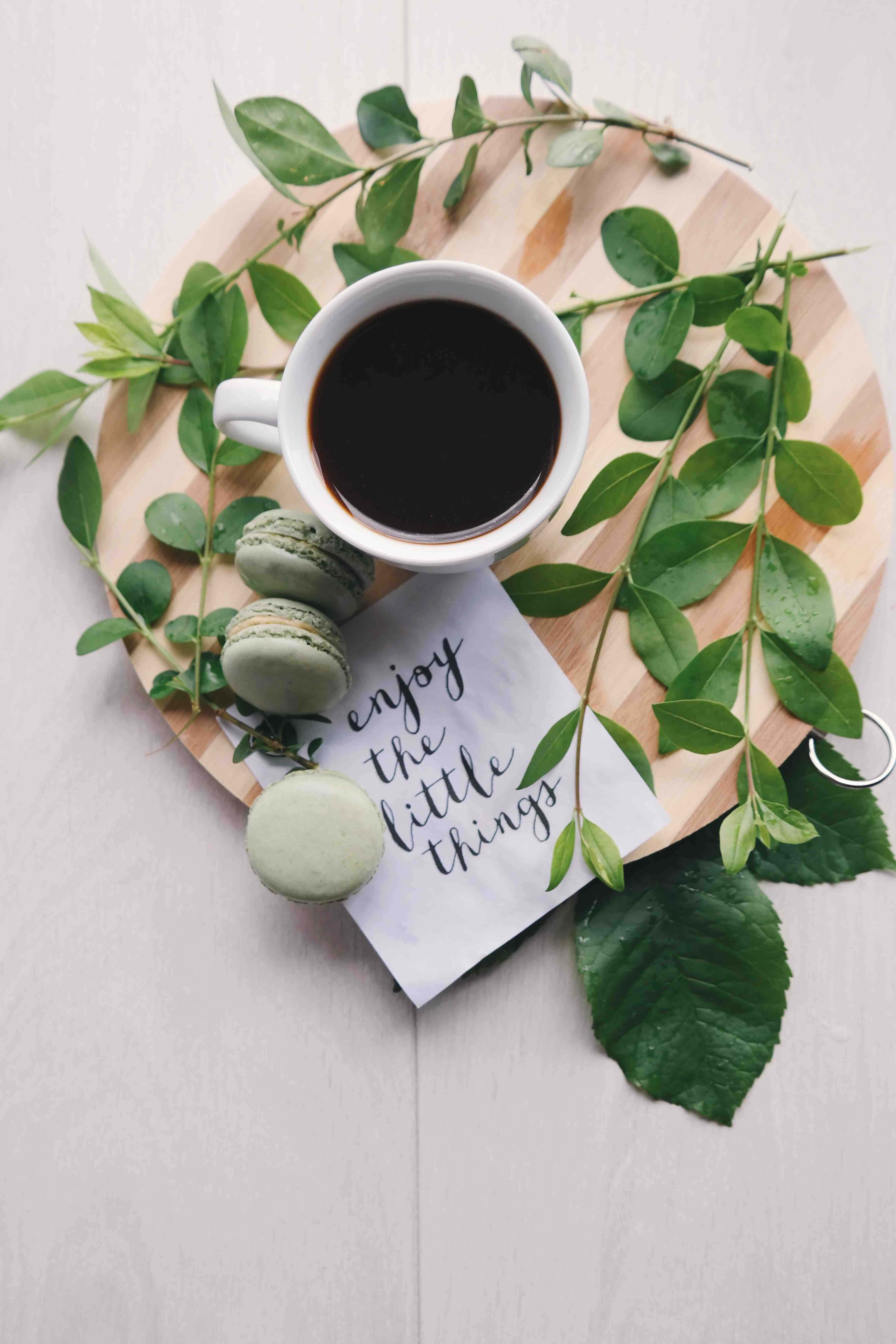 white mug, black coffee, green macarons, 5K Phone Wallpaper