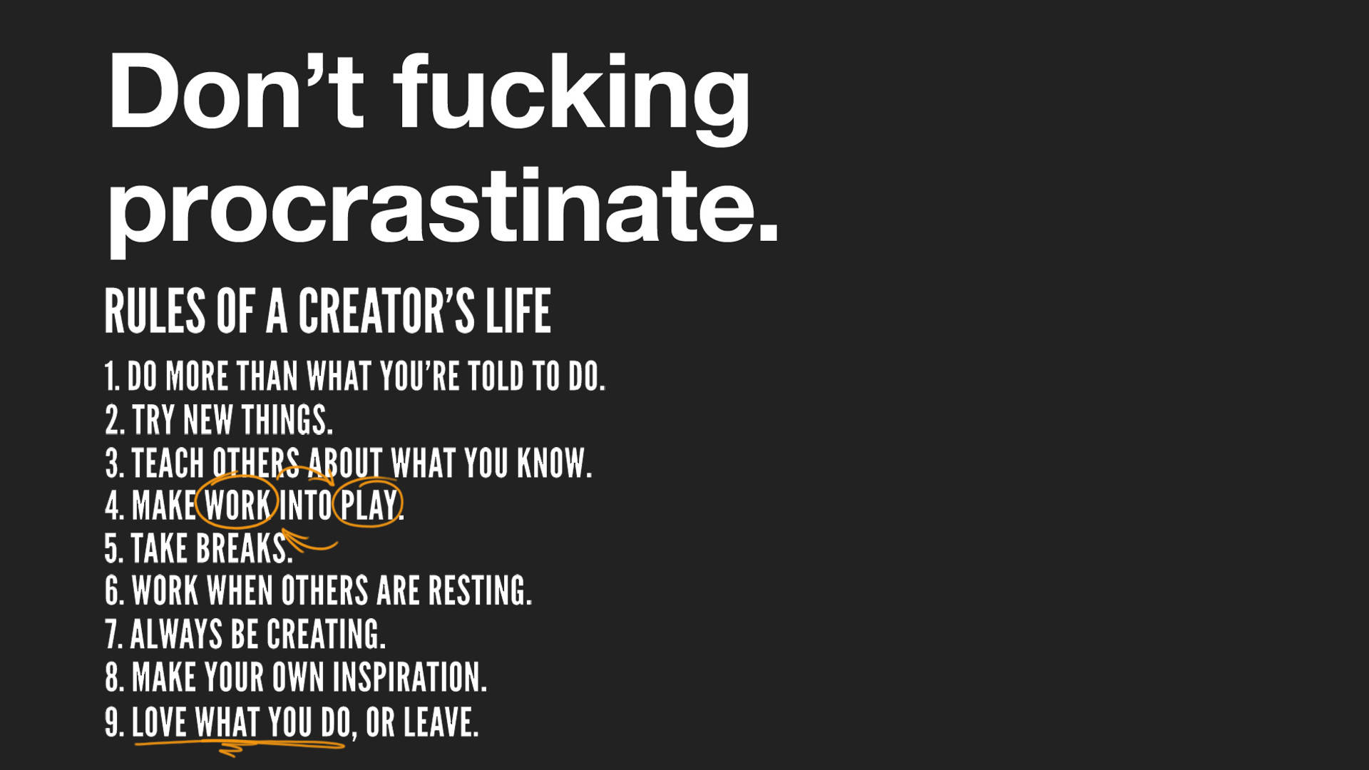 Rules of a Creator's Life, white text, black background, Full HD Desktop Wallpaper