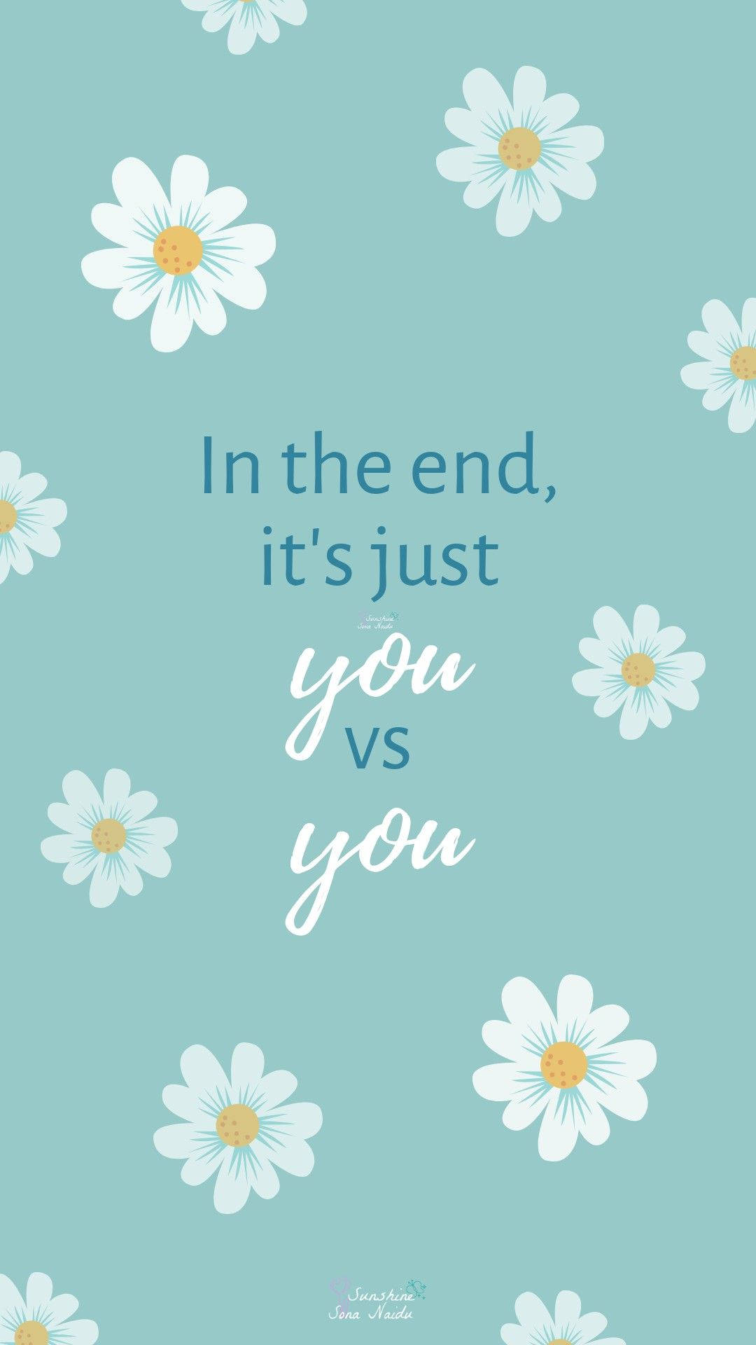teal background, white daisies, blue and white script, Full HD Phone Wallpaper