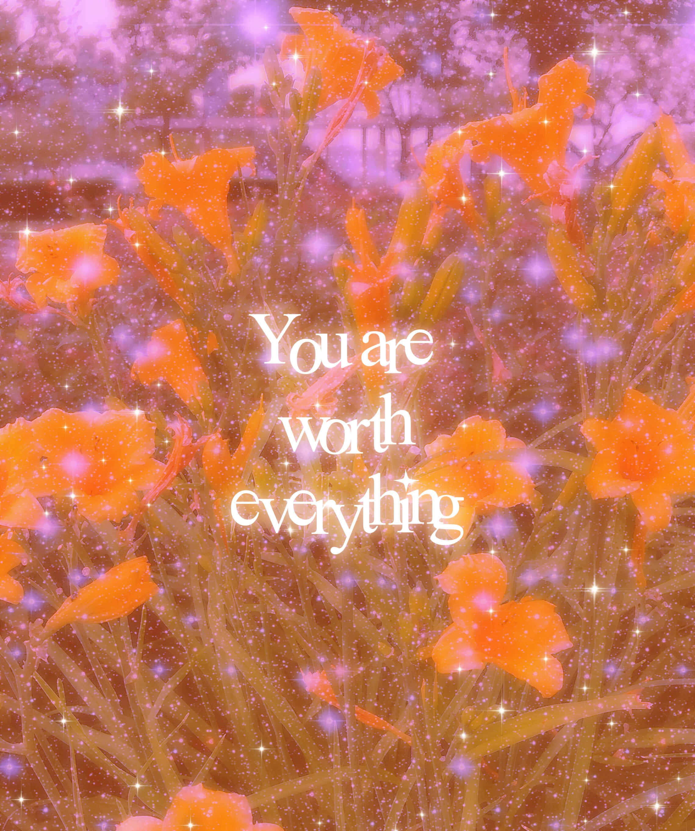 vibrant orange flowers, sparkling purple sky, you are worth everything, 2K Phone Wallpaper