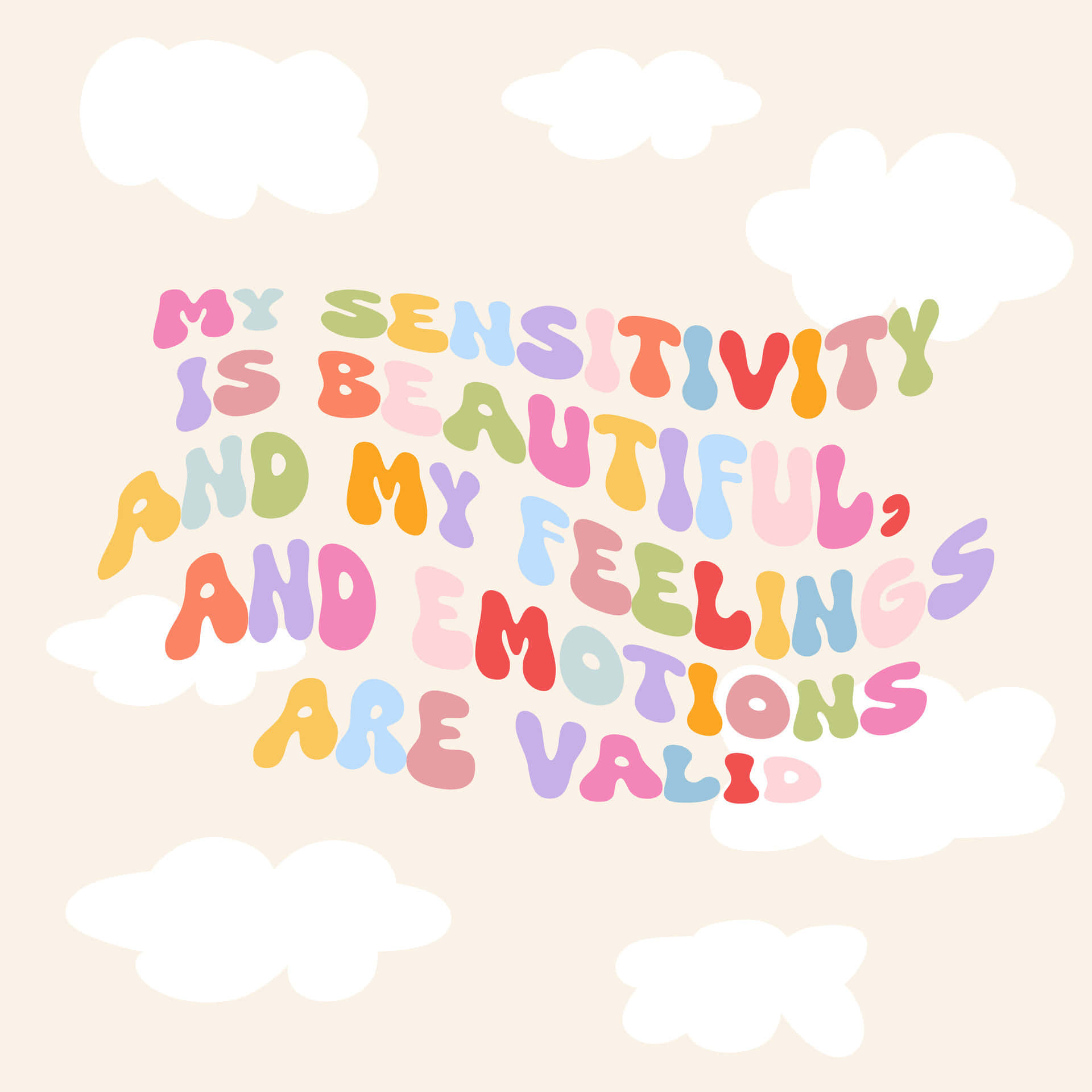pastel rainbow letters, fluffy white clouds, soft beige background, Full HD Desktop Wallpaper
