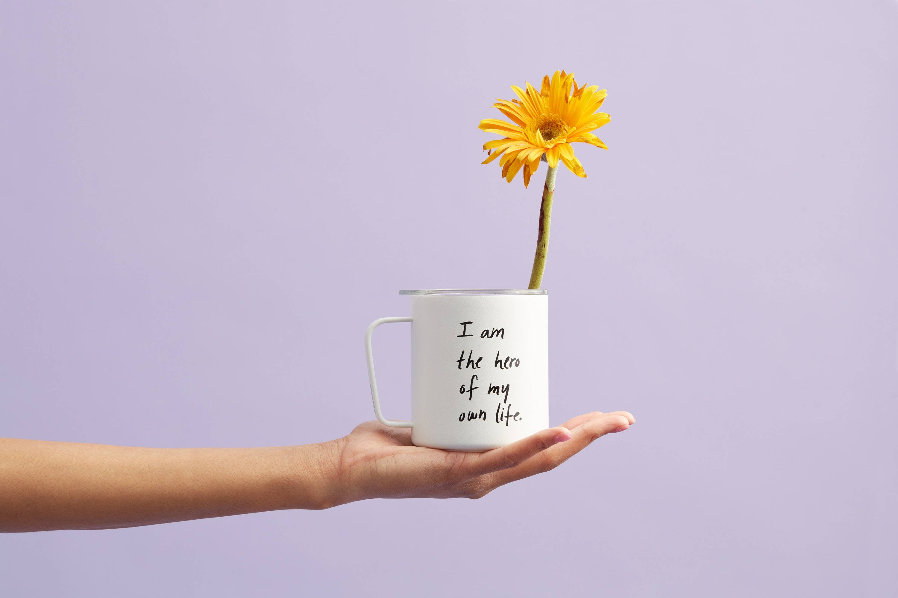I am the hero of my own life, vibrant yellow flower, white mug, 2K Desktop Wallpaper
