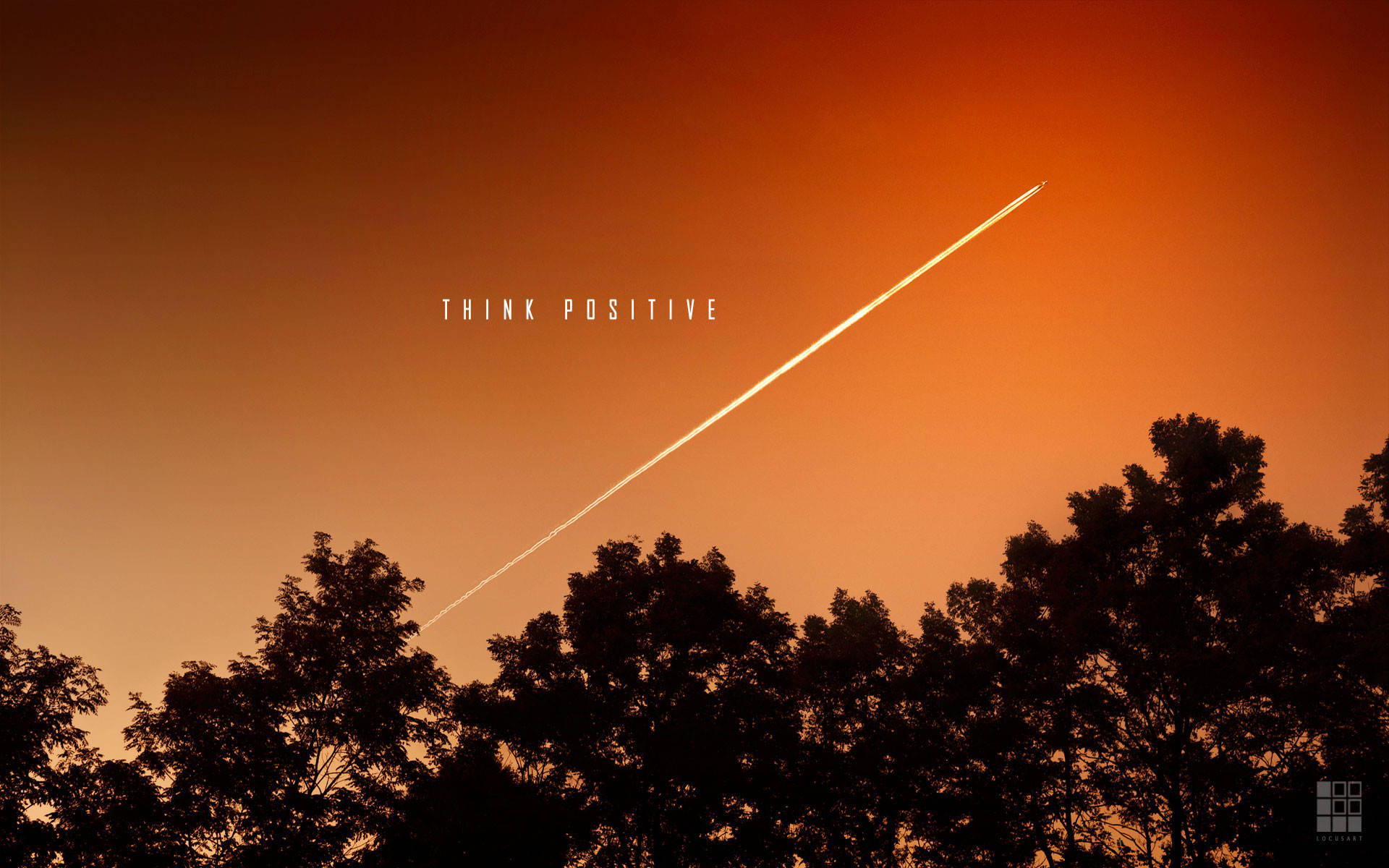 fiery orange sunset sky, bright airplane contrail, dark tree silhouettes, Full HD Desktop Wallpaper