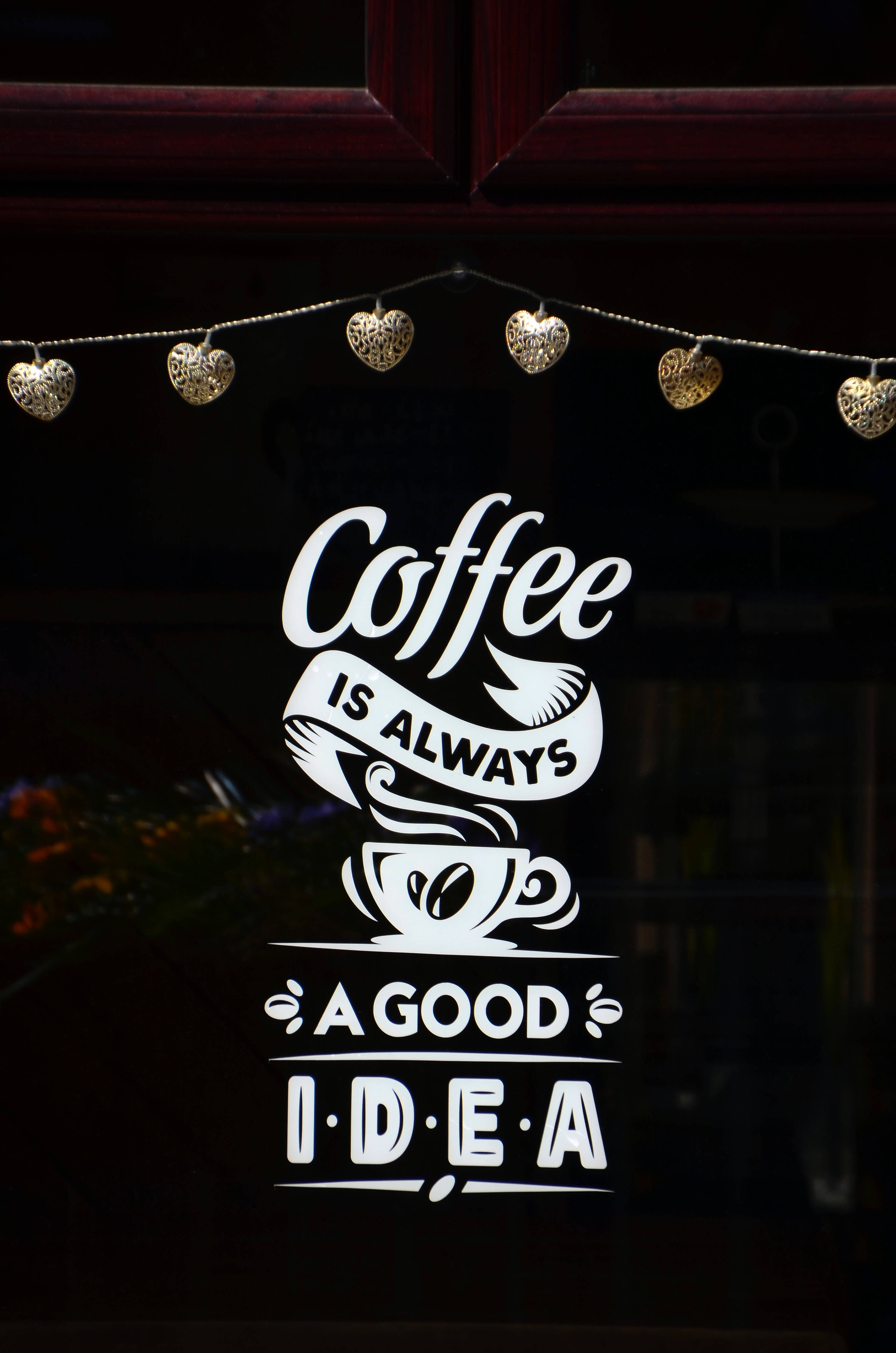 Coffee is always a good idea, golden heart string lights, white coffee-themed decal, 4K Phone Wallpaper