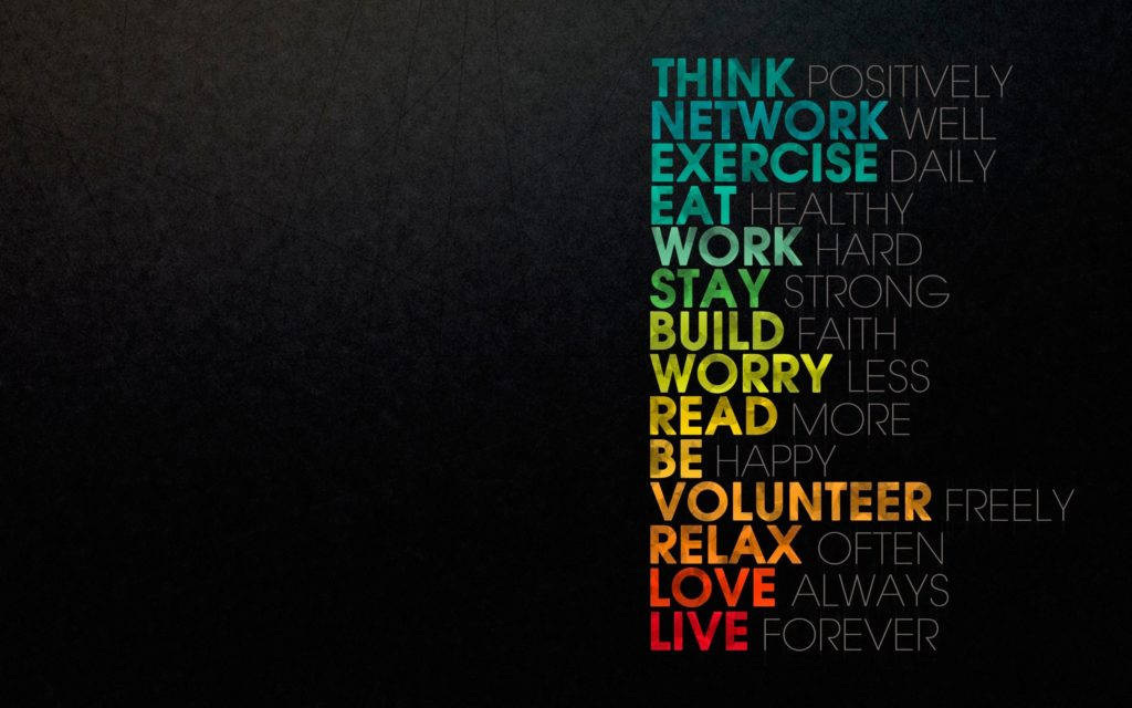 Positive Mindset Reminders, colorful words, think eat work live, SD Desktop Wallpaper