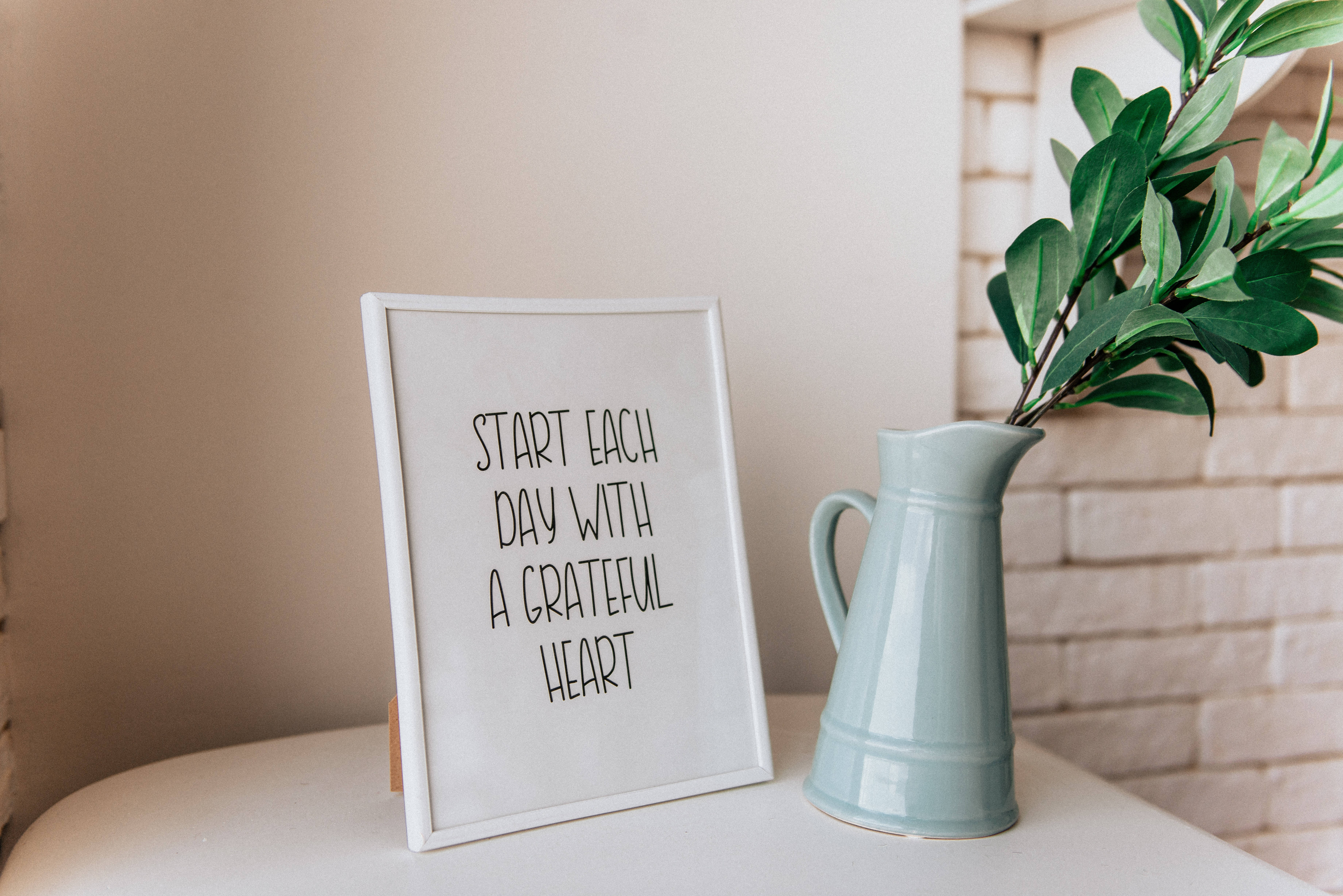 positive heart vibes, light blue pitcher, greenery, 5K Desktop Wallpaper