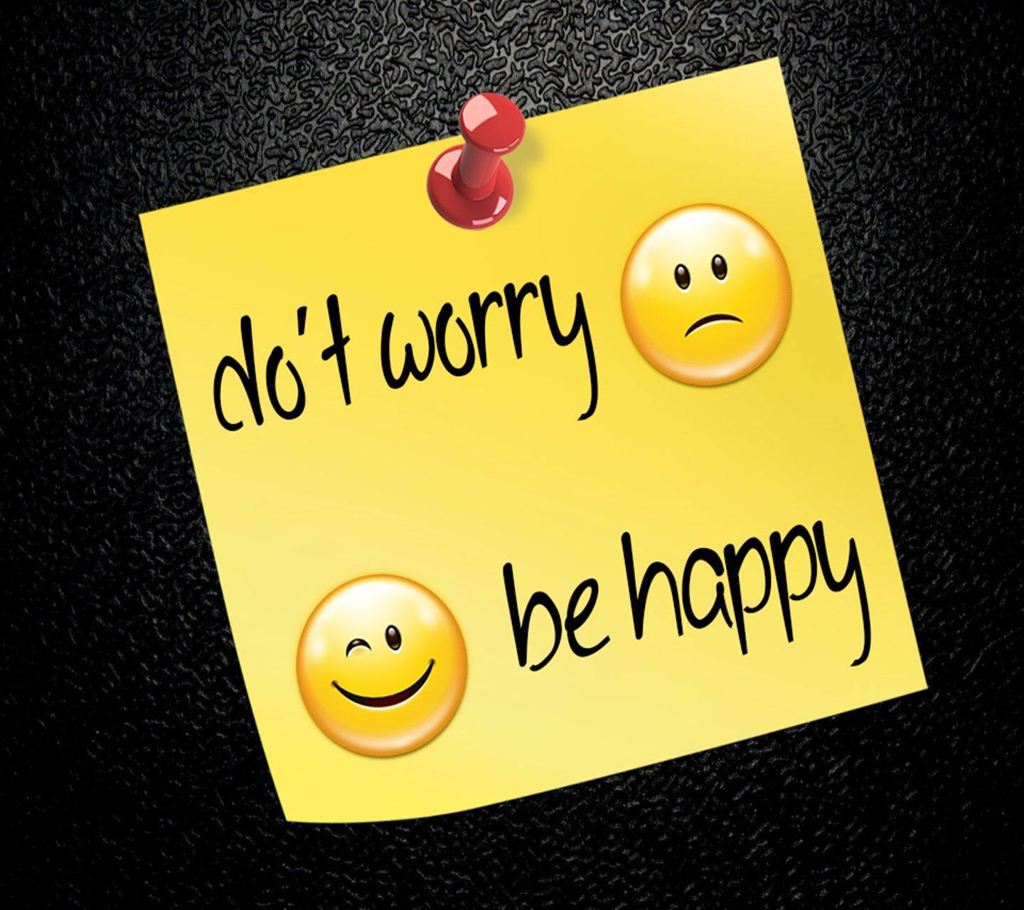 don't worry be happy, yellow sticky note, black textured surface, HD Desktop Wallpaper