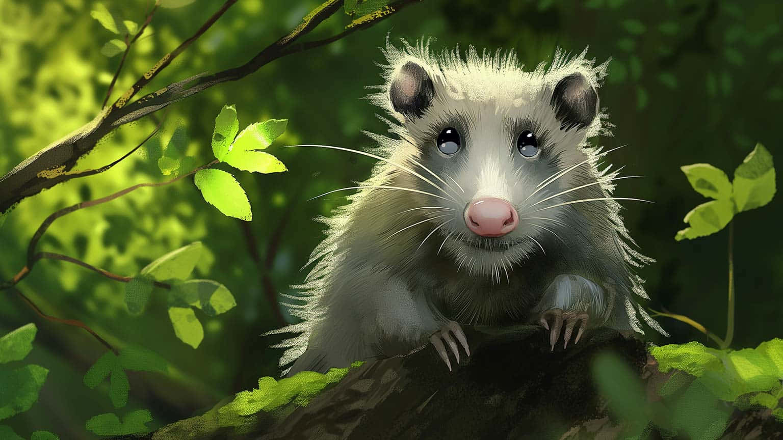 Curious Possumin Green Forest, fluffy gray opossum, big eyes, HD Desktop Wallpaper