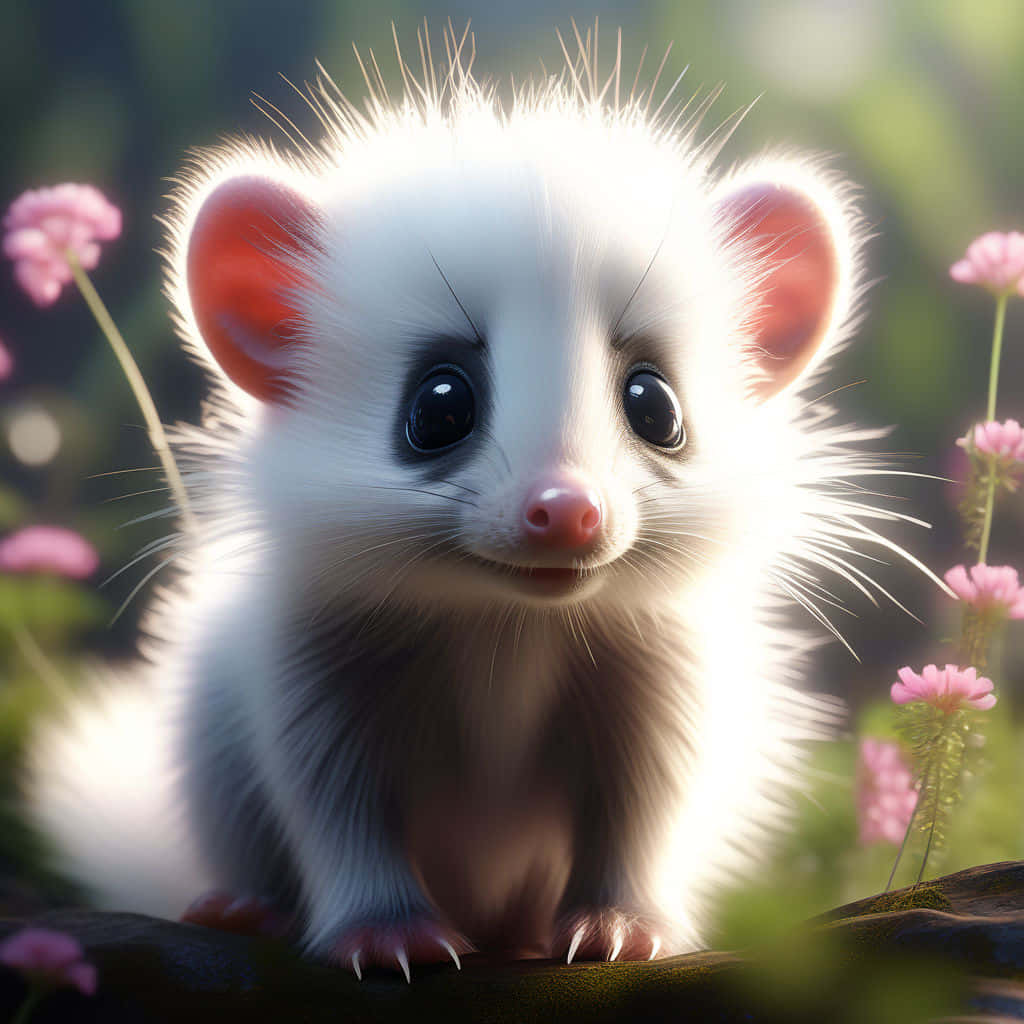 fluffy white baby opossum, pink ears, pink nose, SD Desktop Wallpaper