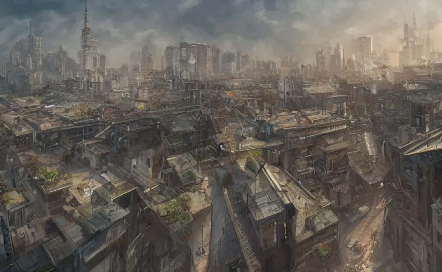 Post-Apocalyptic World, dystopian cityscape, crumbling rooftops, HD Desktop Wallpaper