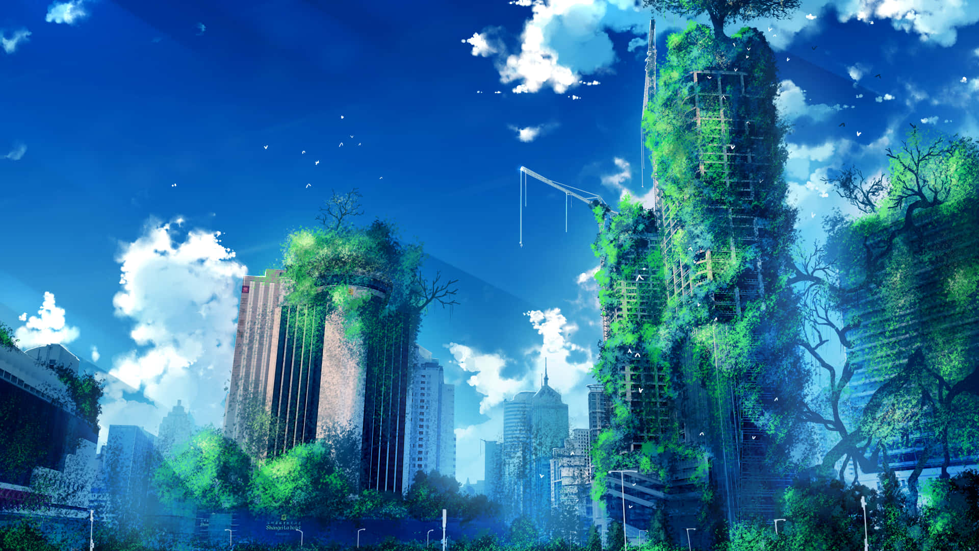 Post-apocalyptic World, skyscrapers, vibrant greenery, Full HD Desktop Wallpaper
