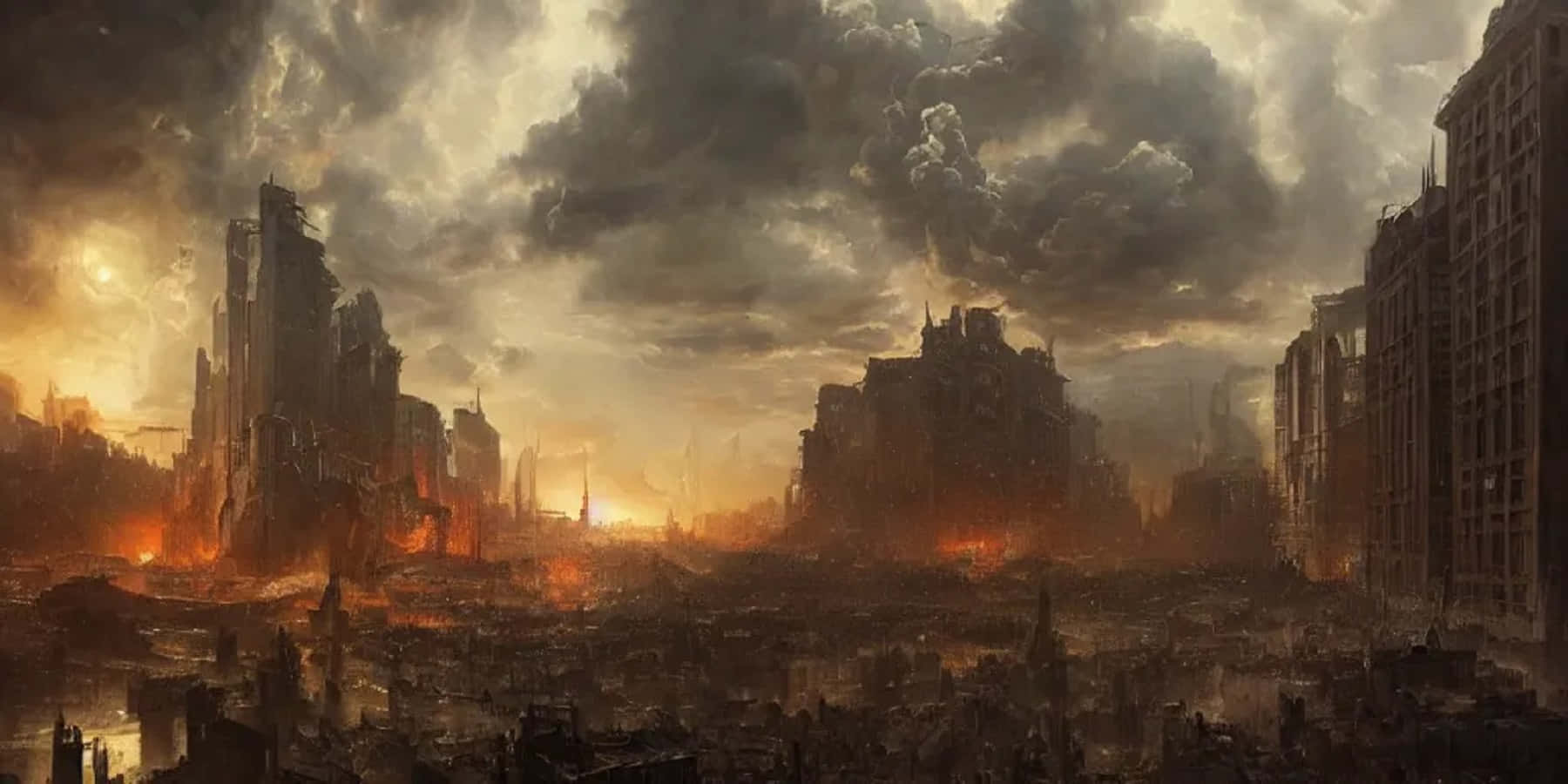 Post-Apocalyptic World, sunset, ruined futuristic cityscape, HD Desktop Wallpaper