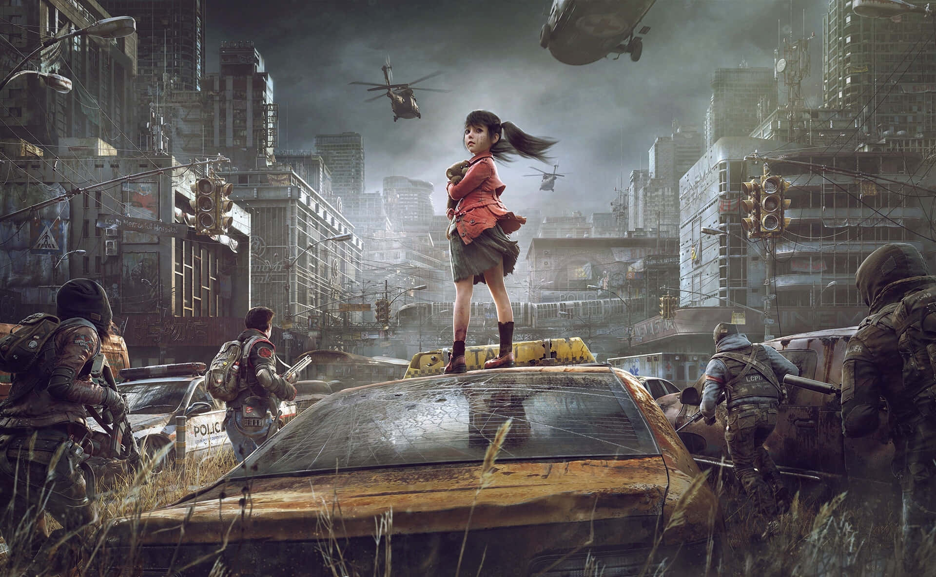 Post-Apocalyptic World, red jacket, rusted police car, Full HD Desktop Wallpaper