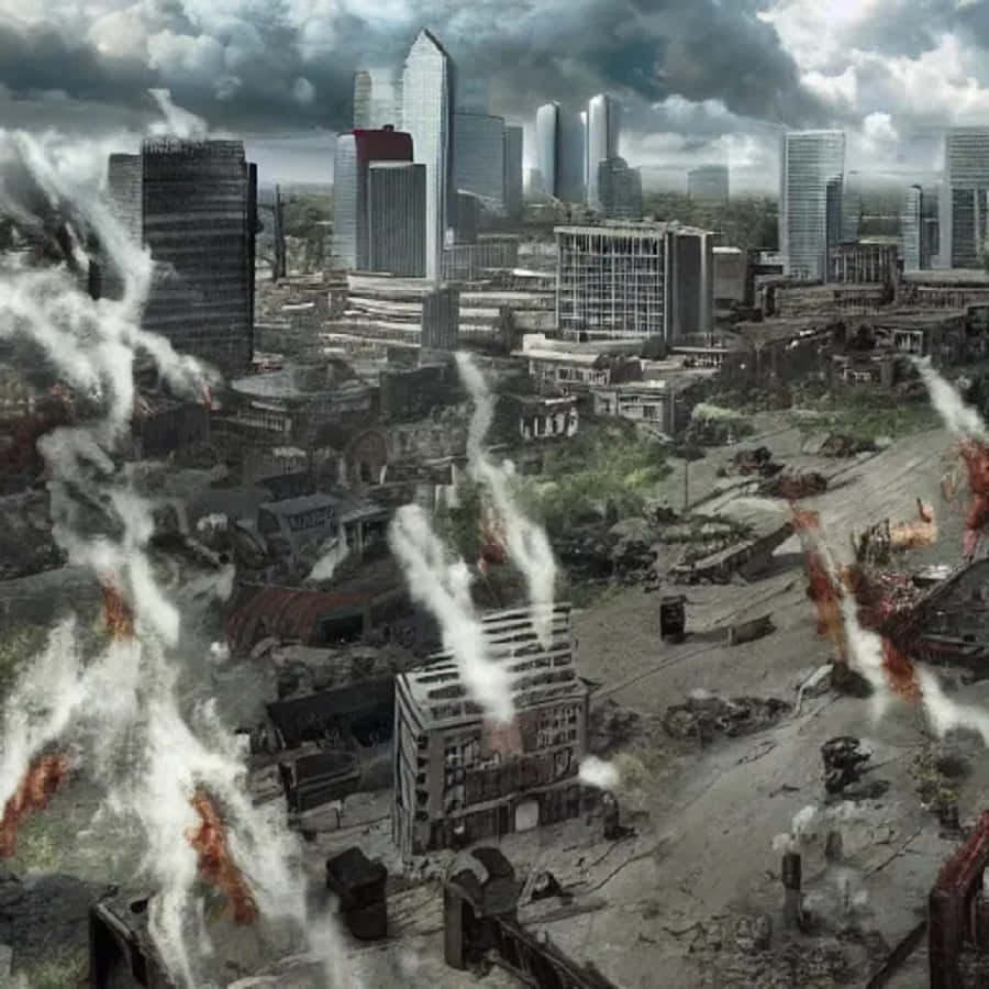Post-apocalyptic World, crumbling buildings, fiery explosions, SD Desktop Wallpaper