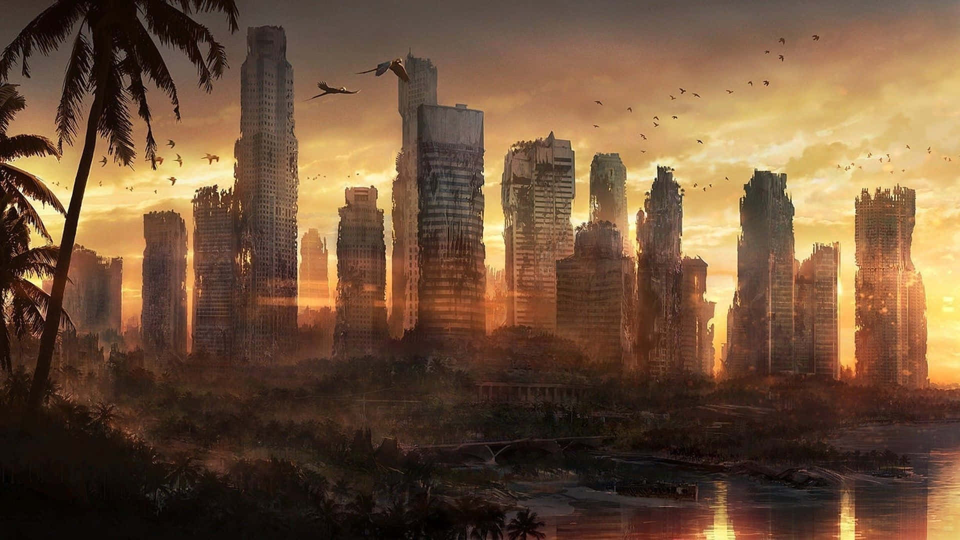 Sunset, ruined futuristic cityscape, crumbling skyscrapers, Full HD Desktop Wallpaper