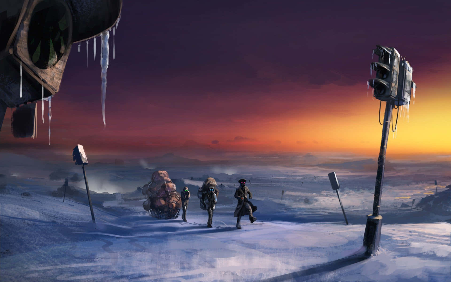 nuclear winter, frozen wasteland, icy traffic lights, Full HD Desktop Wallpaper