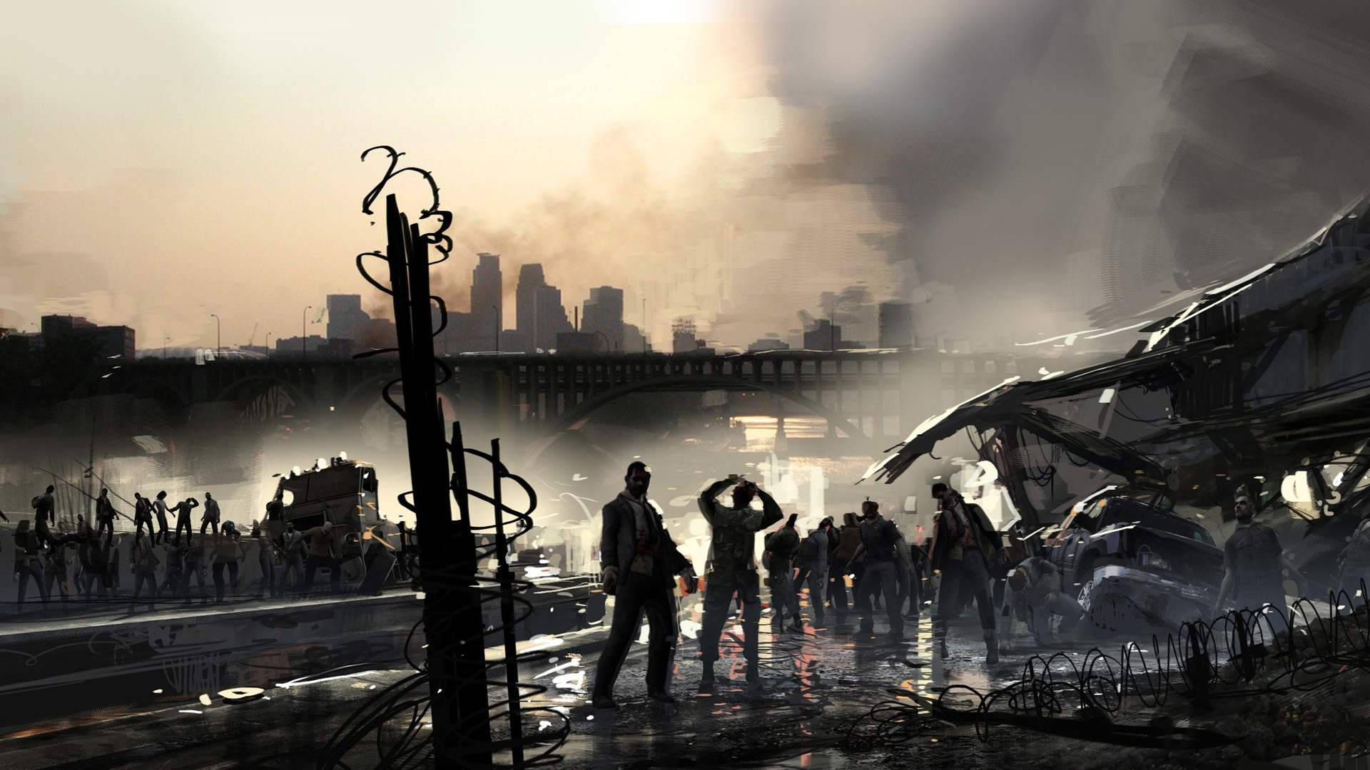 zombie apocalypse town, ruined urban wasteland, hazy sunset sky, Full HD Desktop Wallpaper