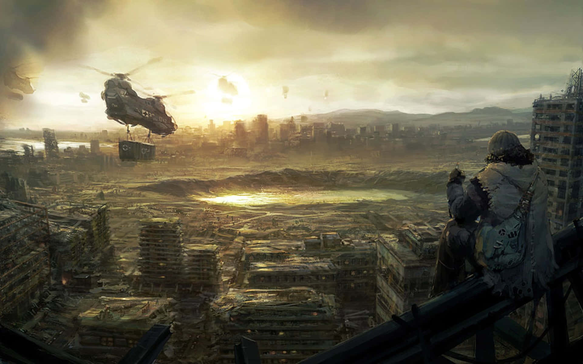 Desolate Post-Apocalyptic Landscape, ruined city, helicopter, Full HD Desktop Wallpaper
