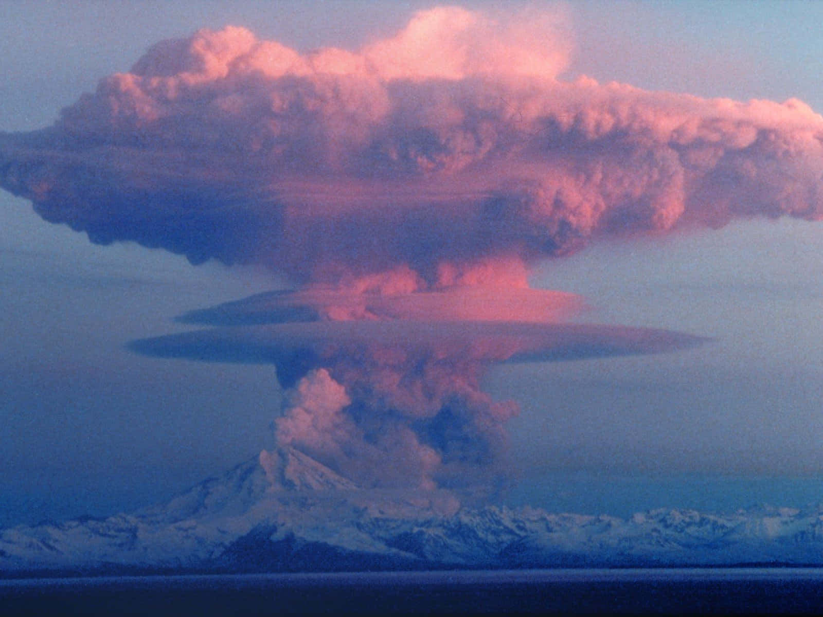 mushroom cloud, snowcapped volcano, twilight sky, HD Desktop Wallpaper