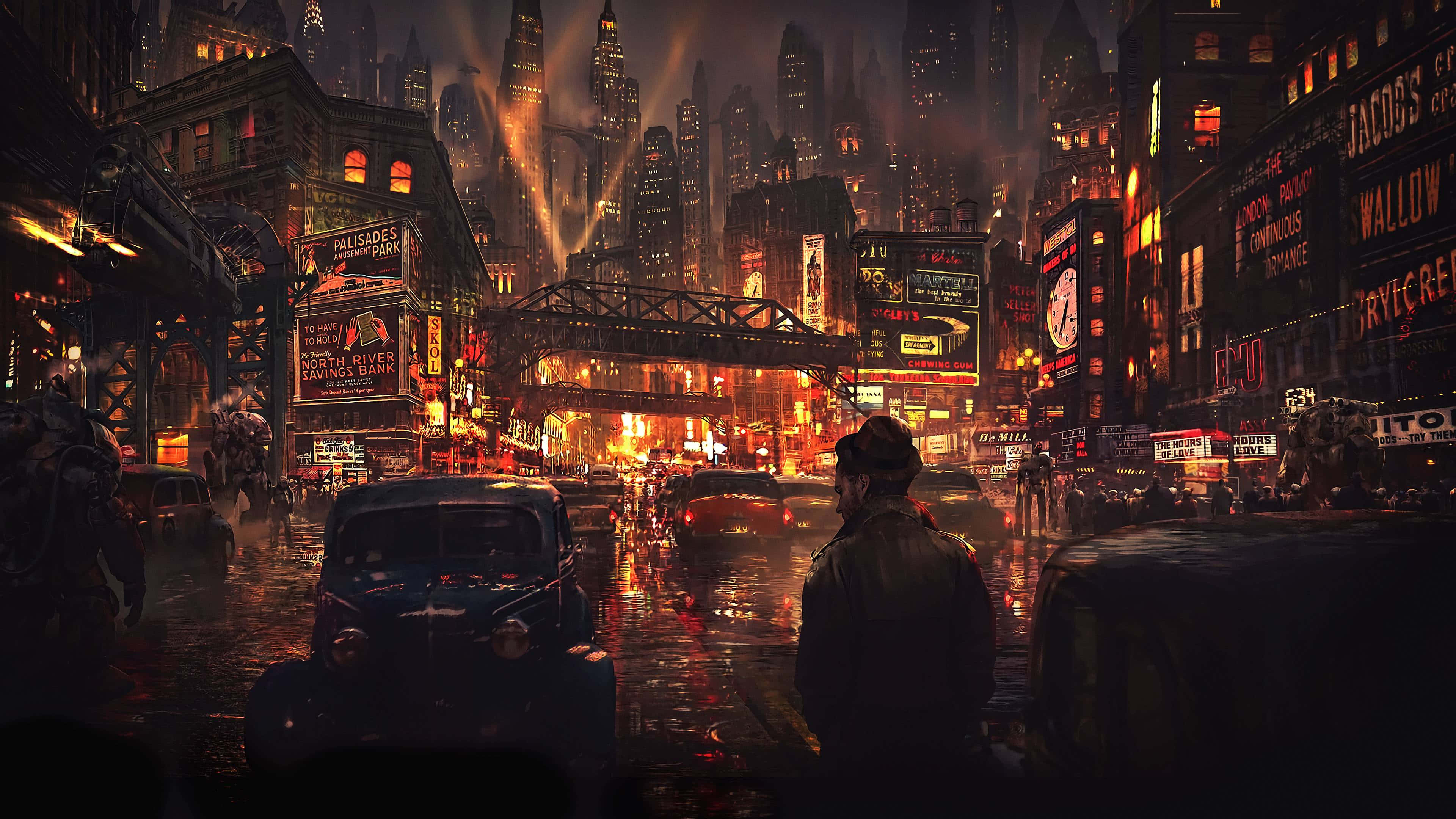 neon-lit city street, towering buildings, glowing billboards, 4K Desktop Wallpaper