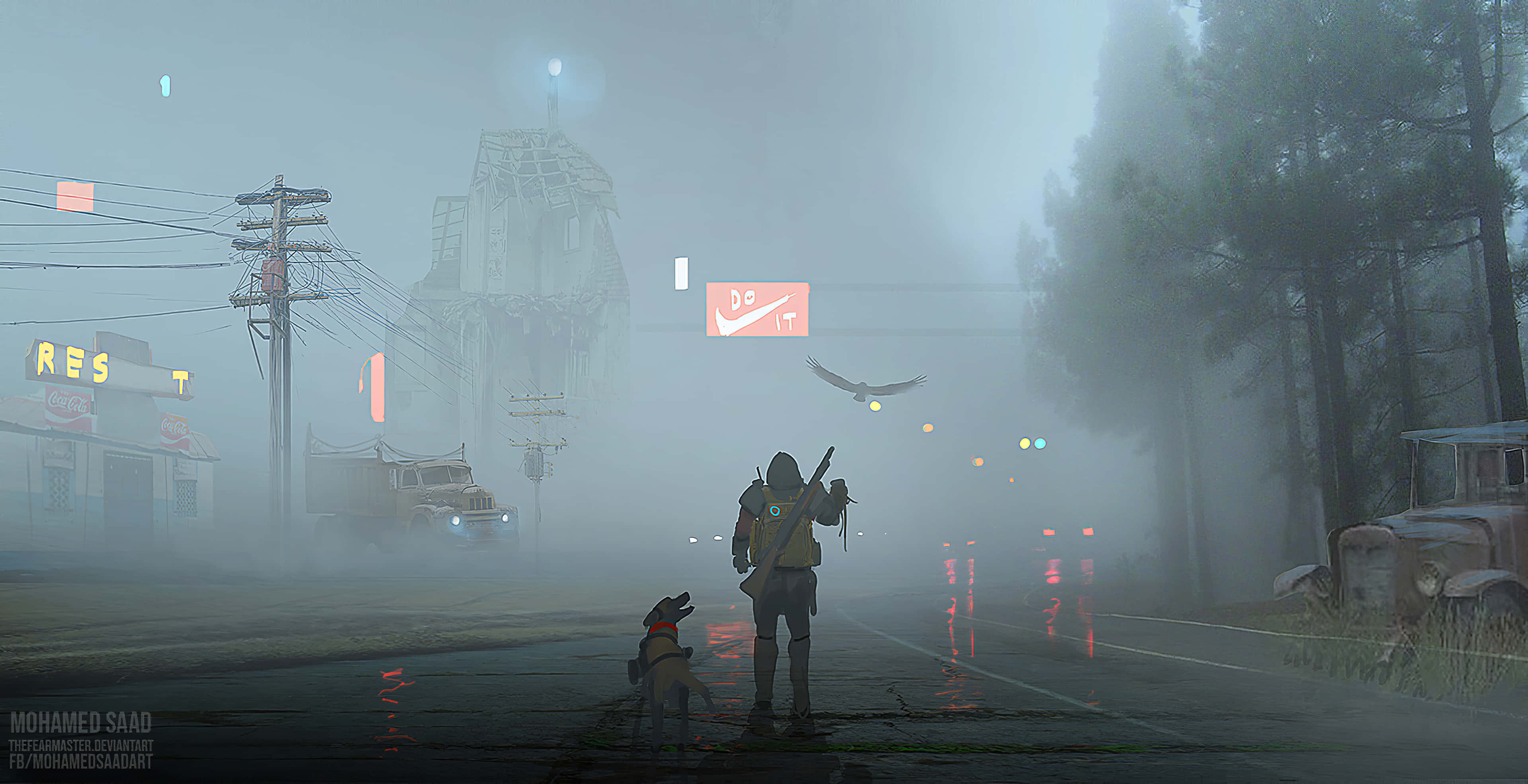 foggy rain-slicked road, dusk, abandoned cars, 4K Desktop Wallpaper