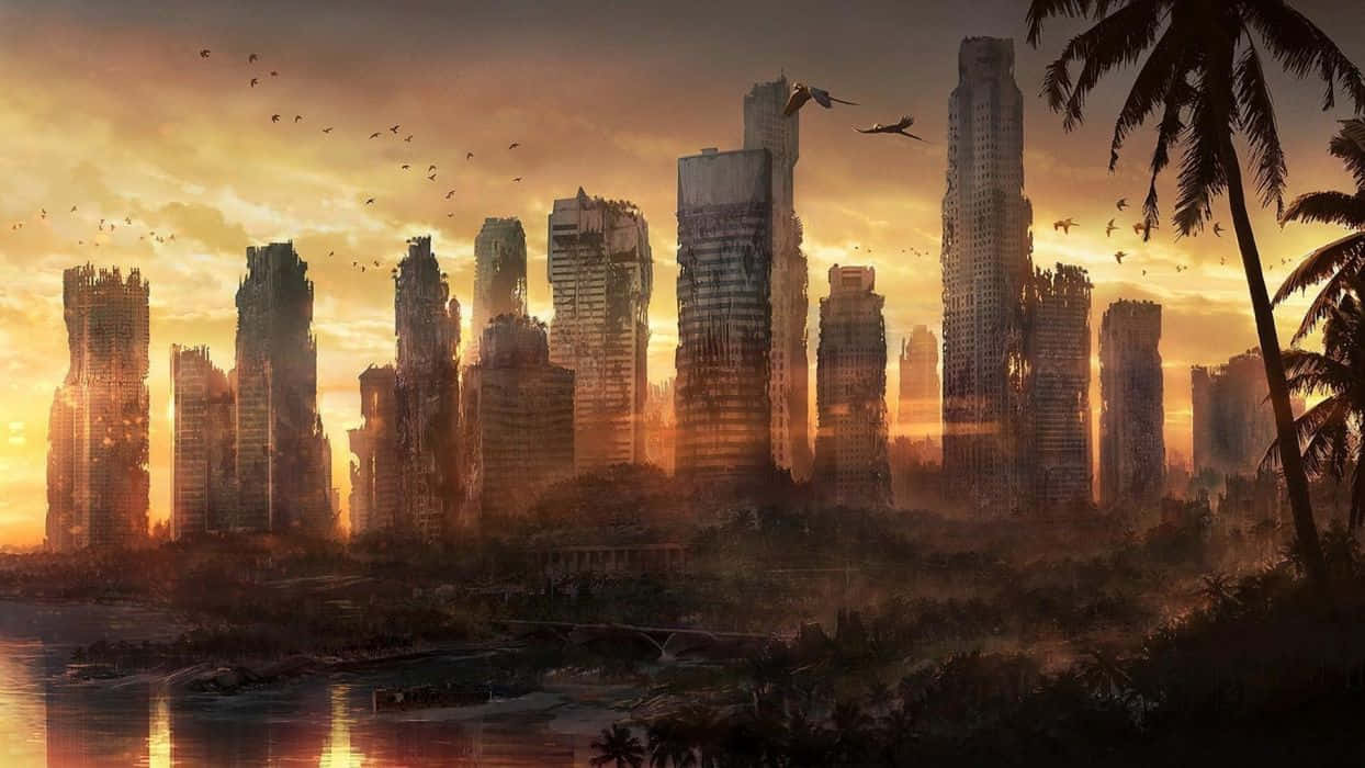 Sunset, ruined futuristic cityscape, golden light, SD Desktop Wallpaper