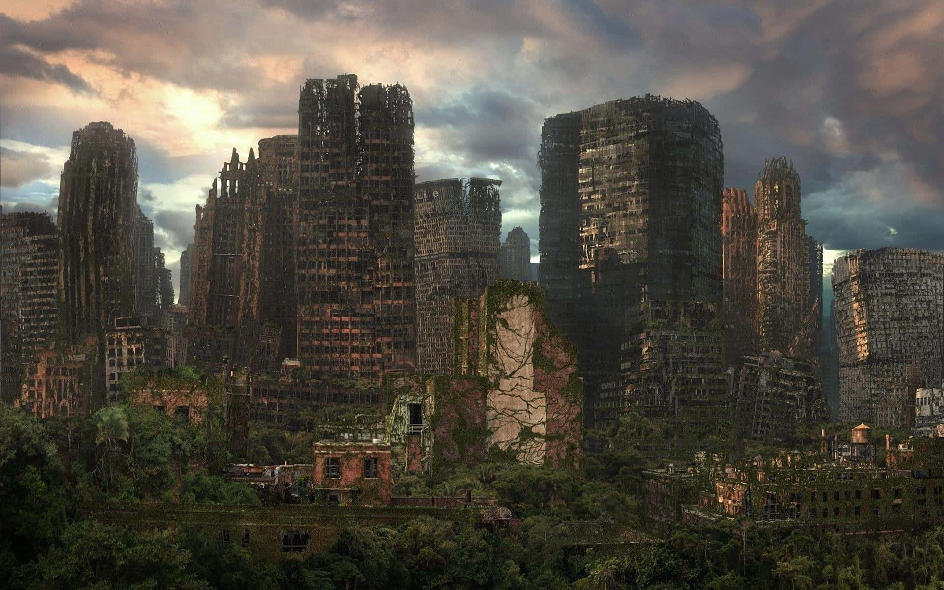 city, ruins, trees, Full HD Desktop Wallpaper