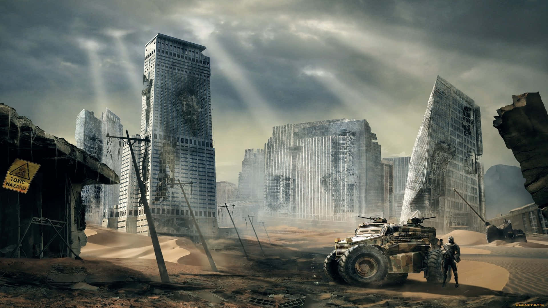 post-apocalyptic cityscape, towering skyscrapers, half-buried in sand, Full HD Desktop Wallpaper