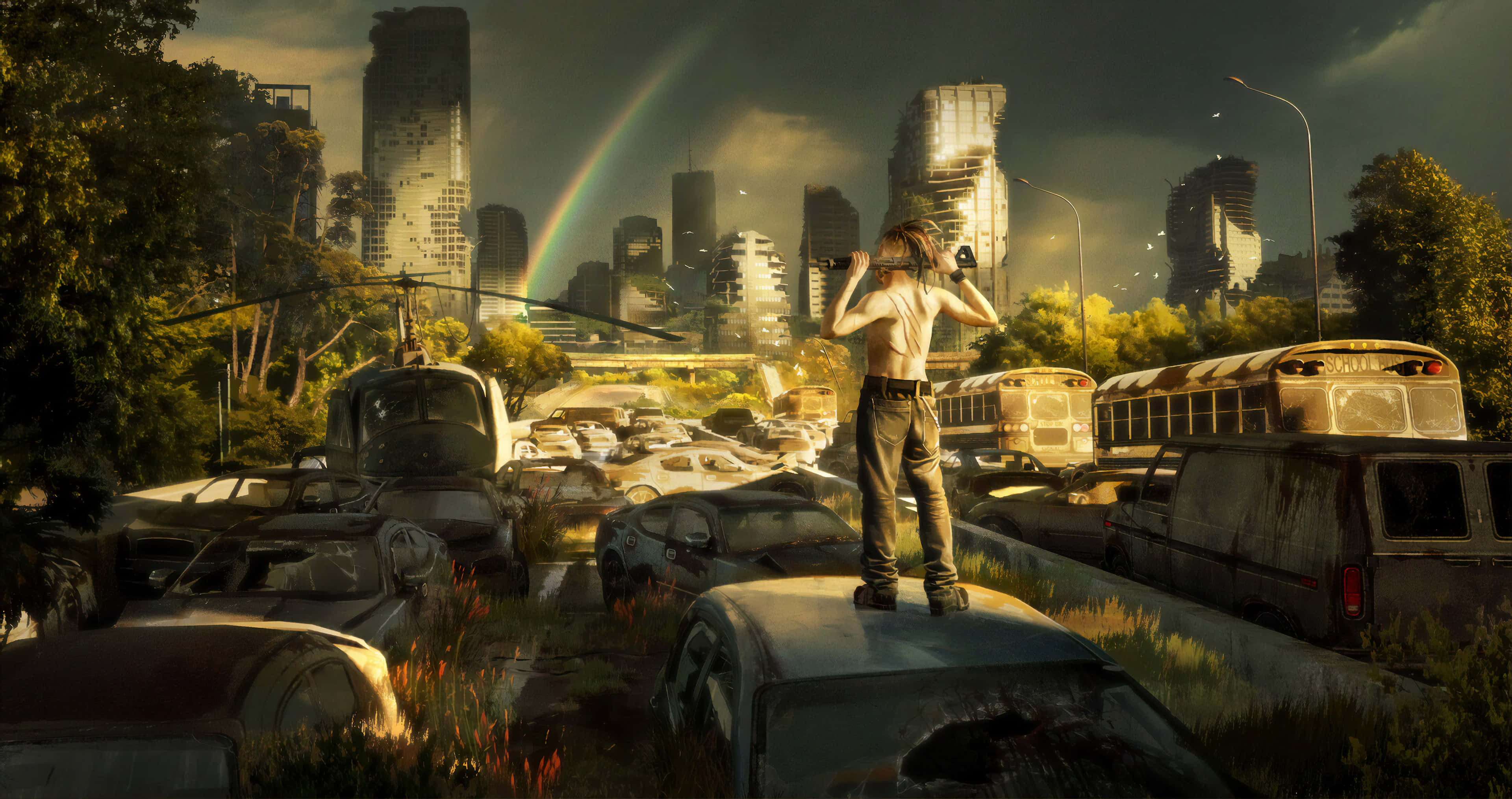 post-apocalyptic, rainbow, rusted car, 4K Desktop Wallpaper