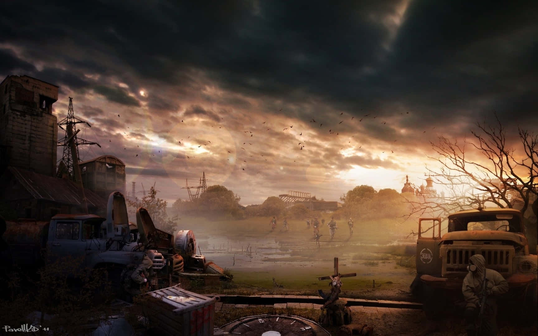 post-apocalyptic, sunset, abandoned vehicles, HD Desktop Wallpaper