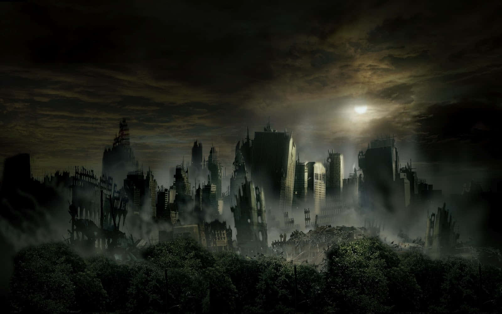 moonlit, ruined cityscape, crumbling skyscrapers, HD Desktop Wallpaper
