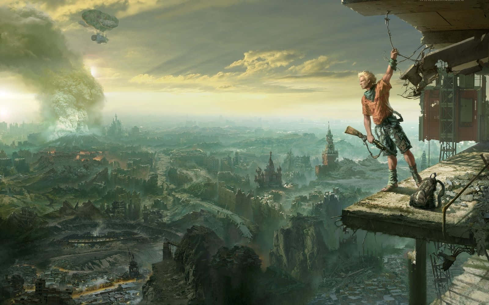 crumbling cliff, vast ruined cityscape, hazy golden sky, HD Desktop Wallpaper