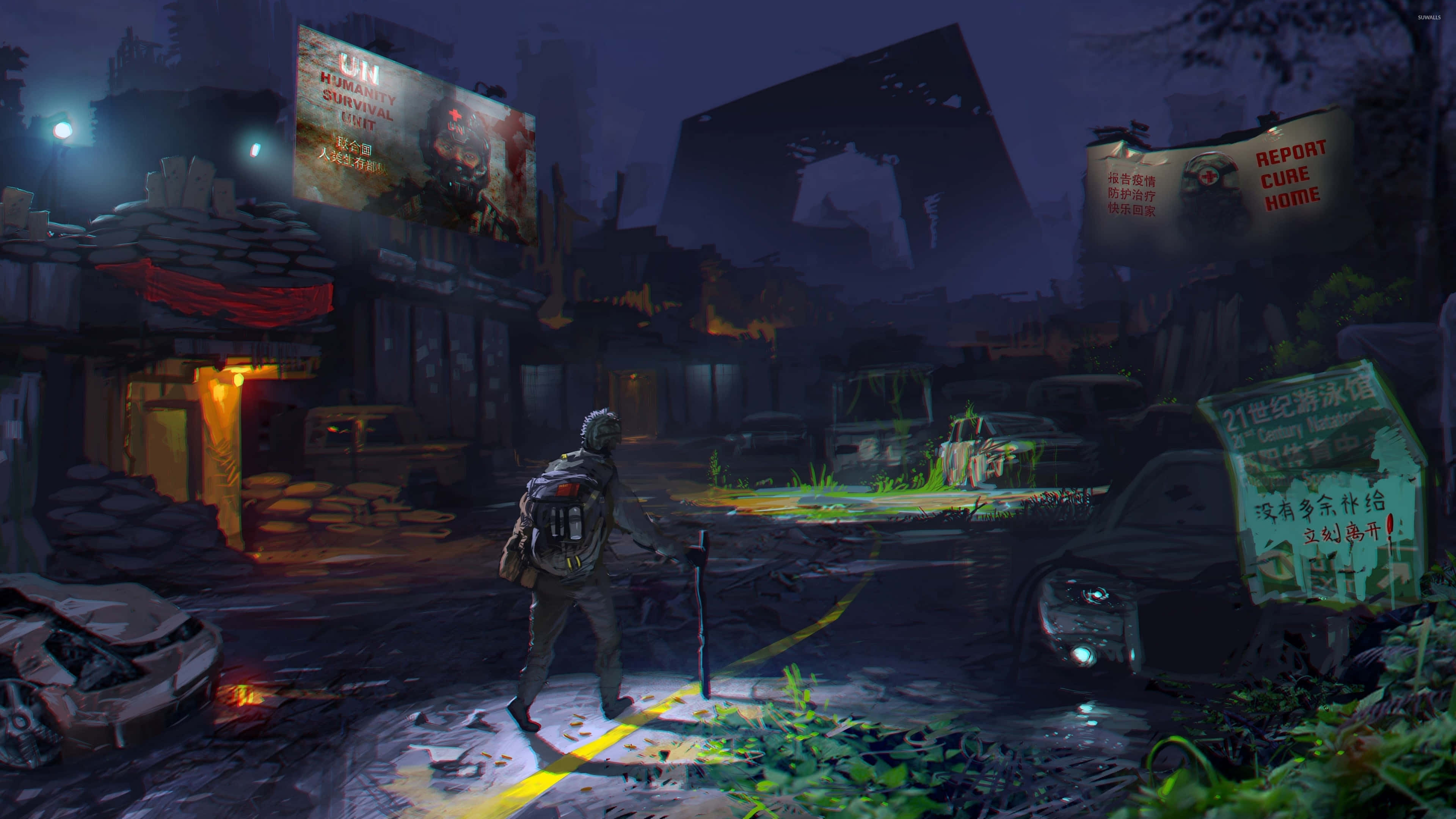 neon-lit city street, ruined, overgrown wreckage, 4K Desktop Wallpaper