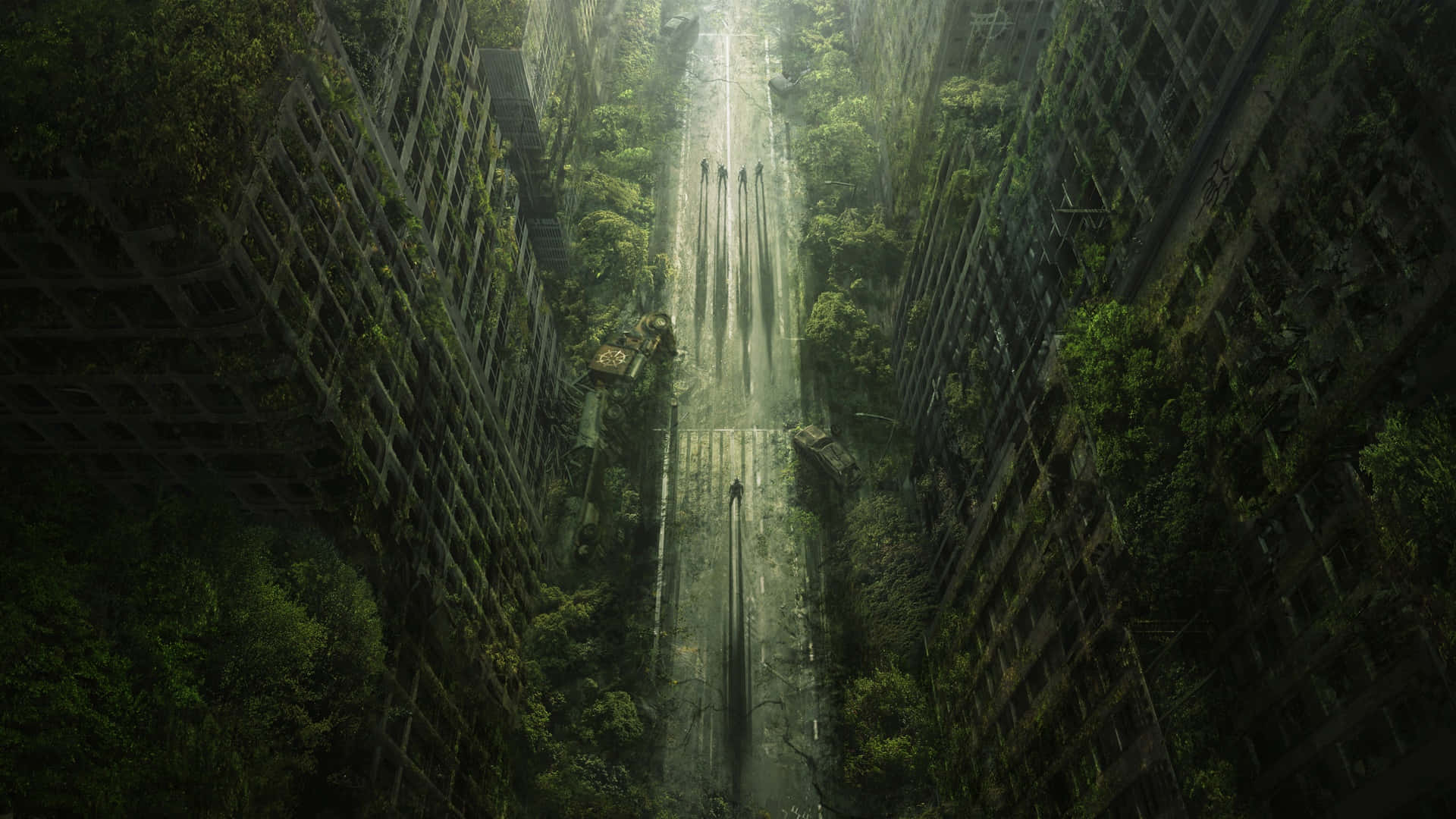 sunlit, overgrown street, towering, Full HD Desktop Wallpaper