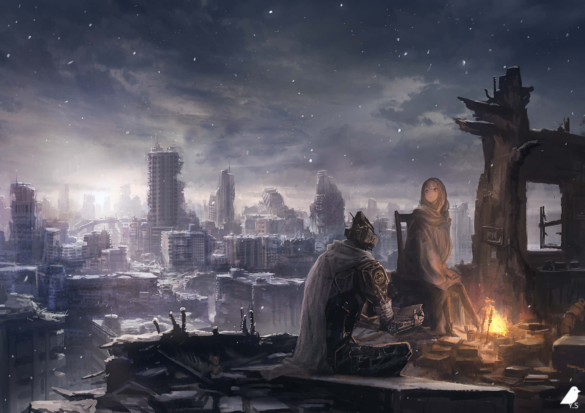 Post Apocalyptic, campfire, ruined rooftop, Full HD Desktop Wallpaper