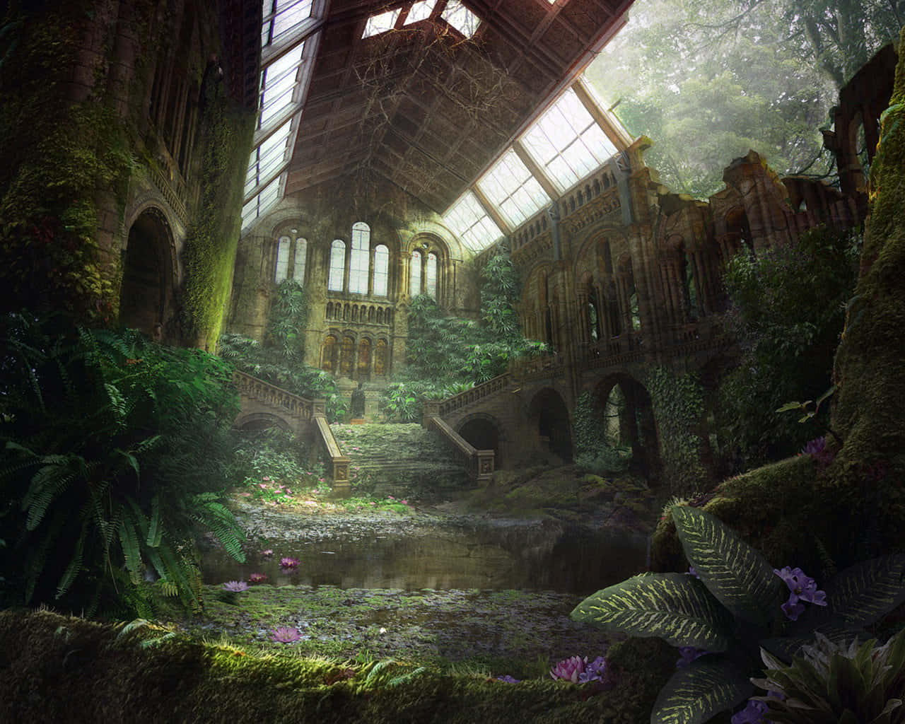 ruined church, moss, trees, HD Desktop Wallpaper