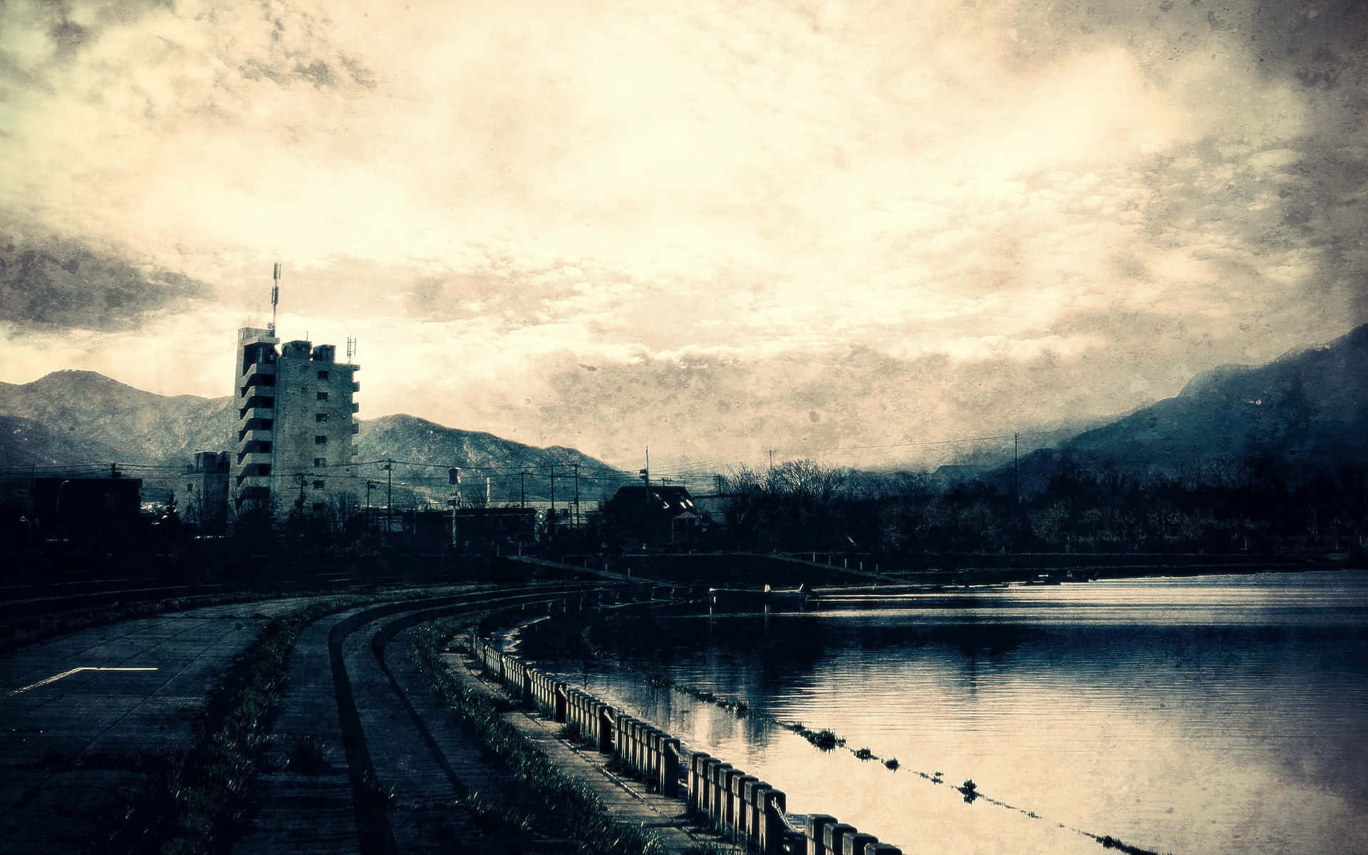 Post Apocalyptic, urban riverside scene, lone building, Full HD Desktop Wallpaper