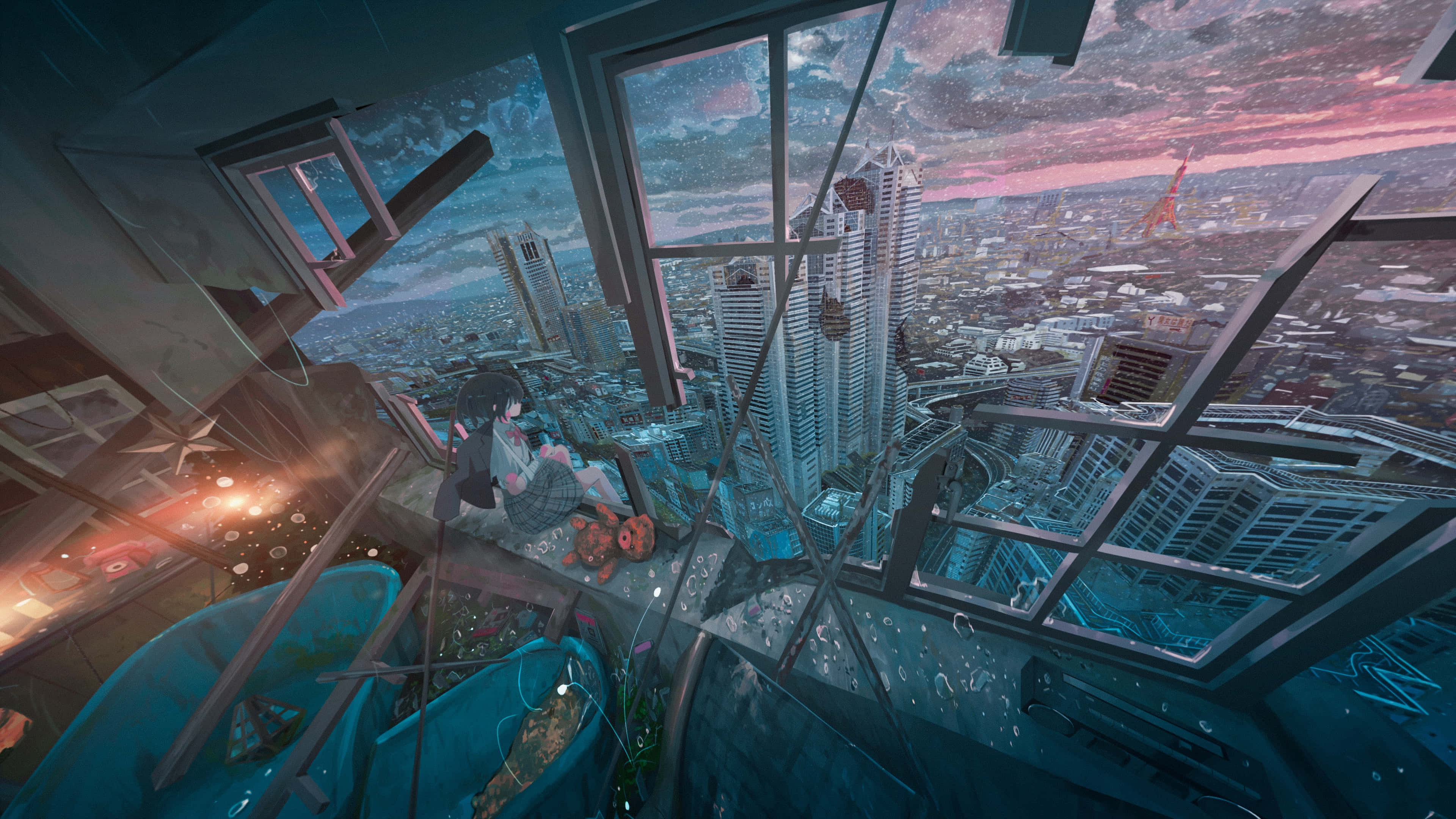 anime girl, broken window ledge, sprawling cityscape, 4K Desktop Wallpaper