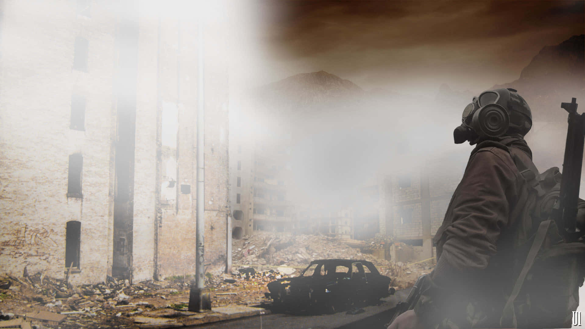 lone soldier, gas mask, rubble, Full HD Desktop Wallpaper
