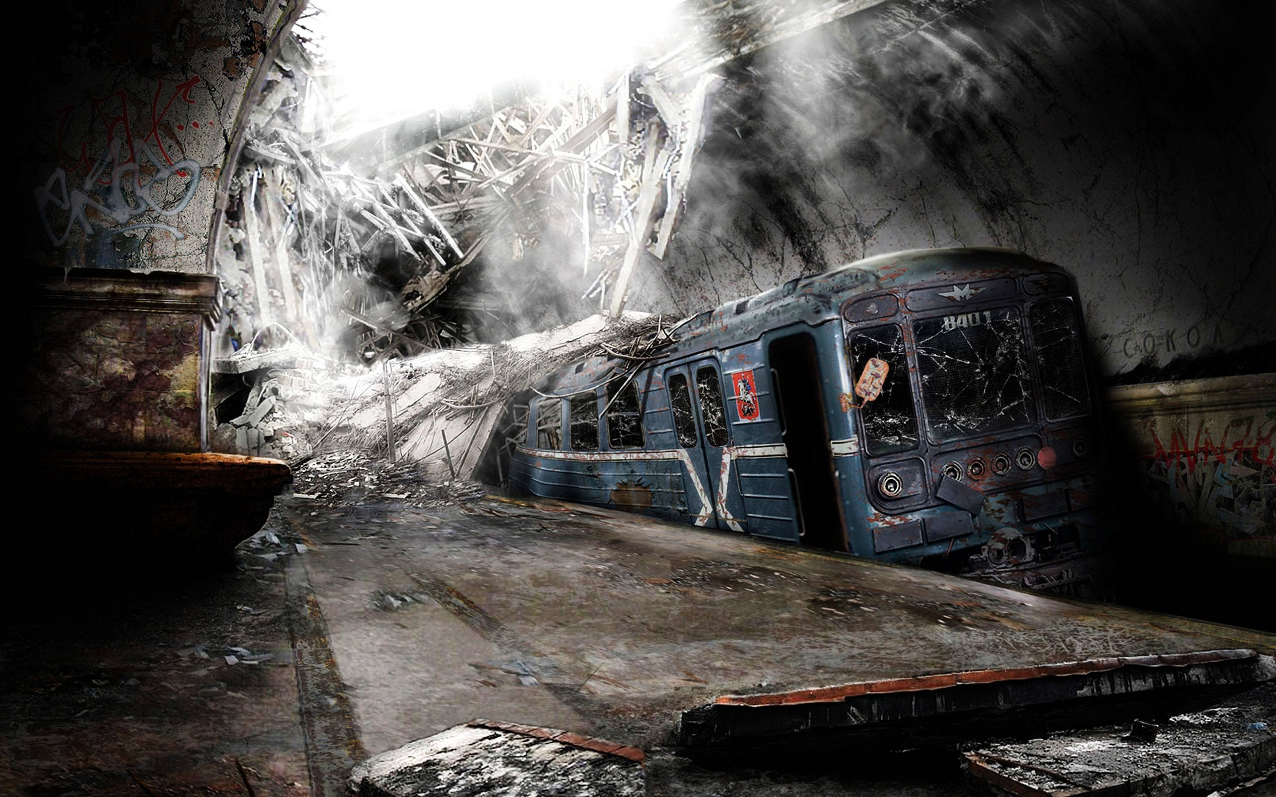 rusted blue train car, collapsed subway tunnel, graffiti, 2K Desktop Wallpaper