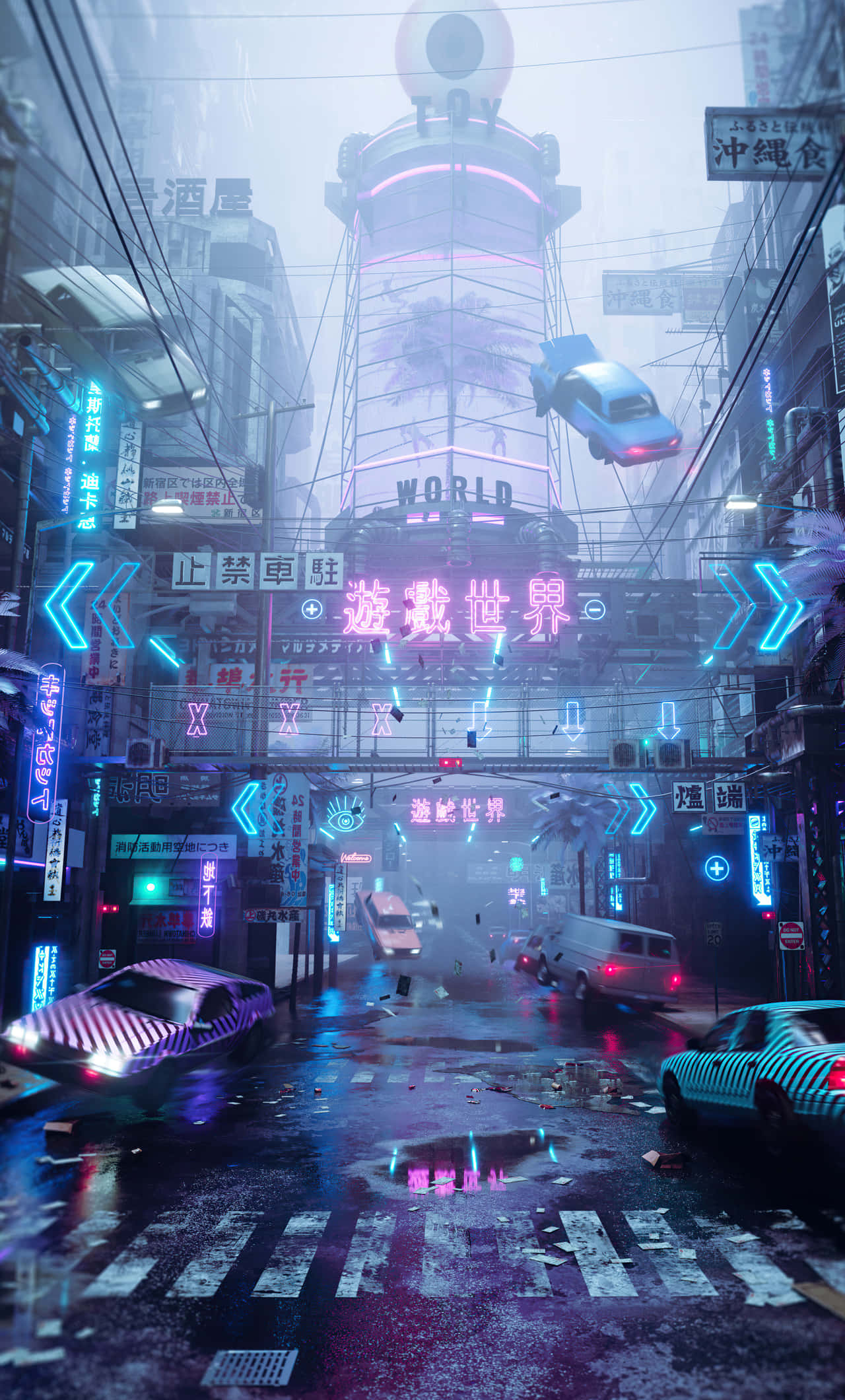 neon-drenched cyberpunk street, floating cars, glowing signs, Full HD Phone Wallpaper